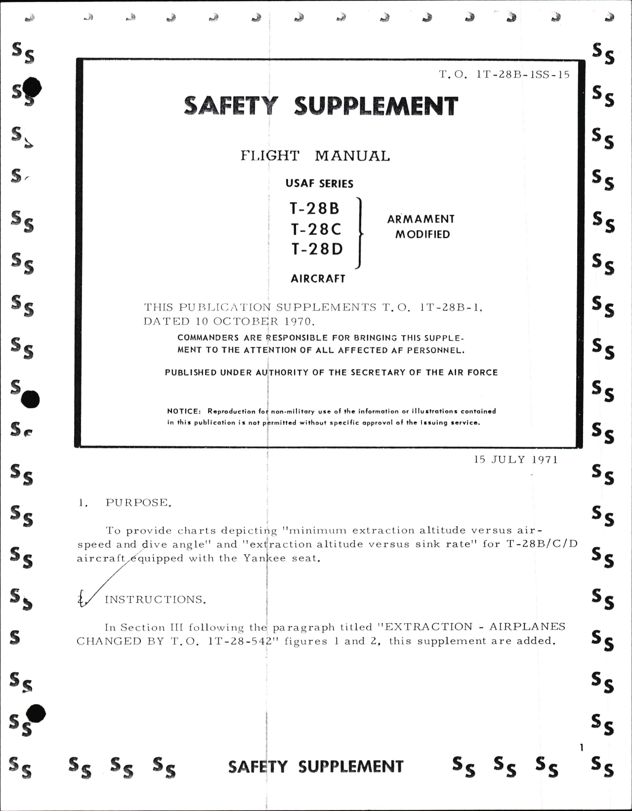 Sample page 1 from AirCorps Library document: Safety Supplement to Flight Manual for USAF Series Armament Modified T-28B, T-28C, & T-28D