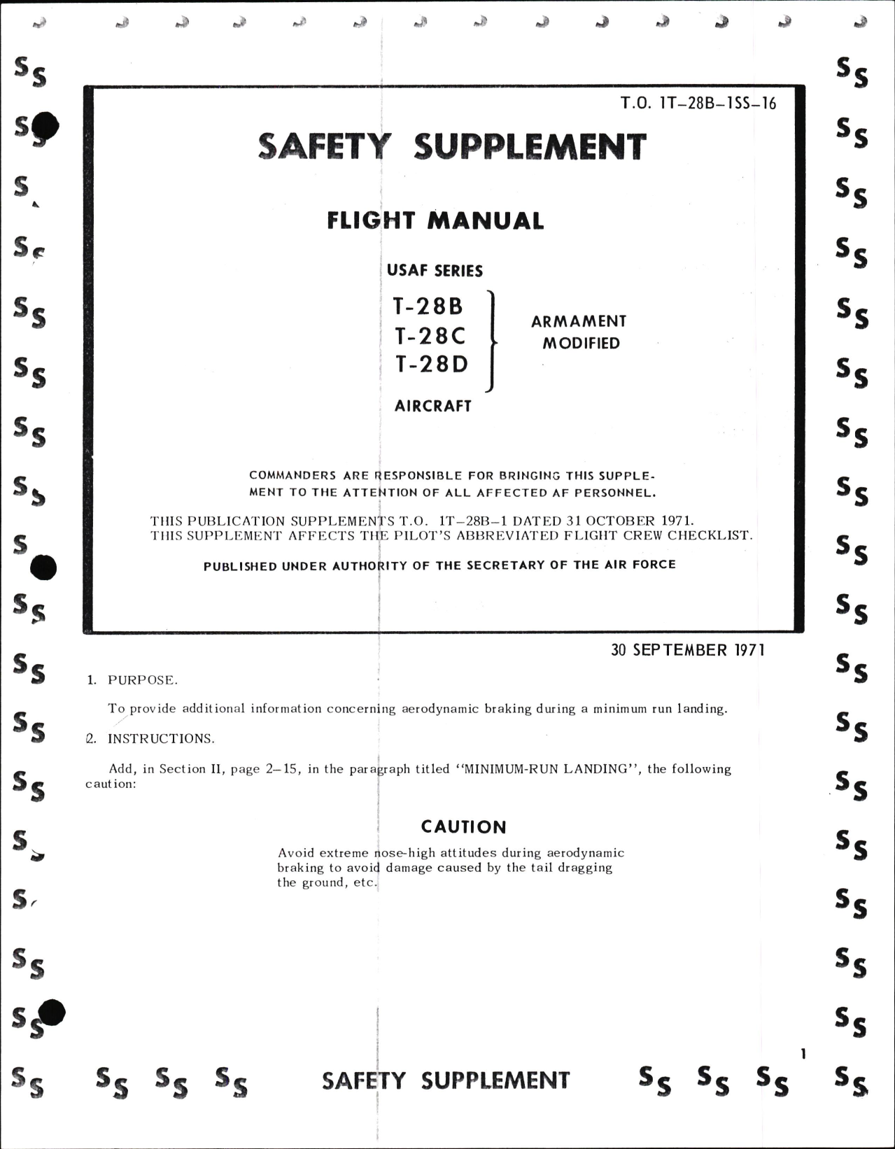 Sample page 1 from AirCorps Library document: Safety Supplement to Flight Manual for USAF Series Armament Modified T-28B, T-28C, & T-28D