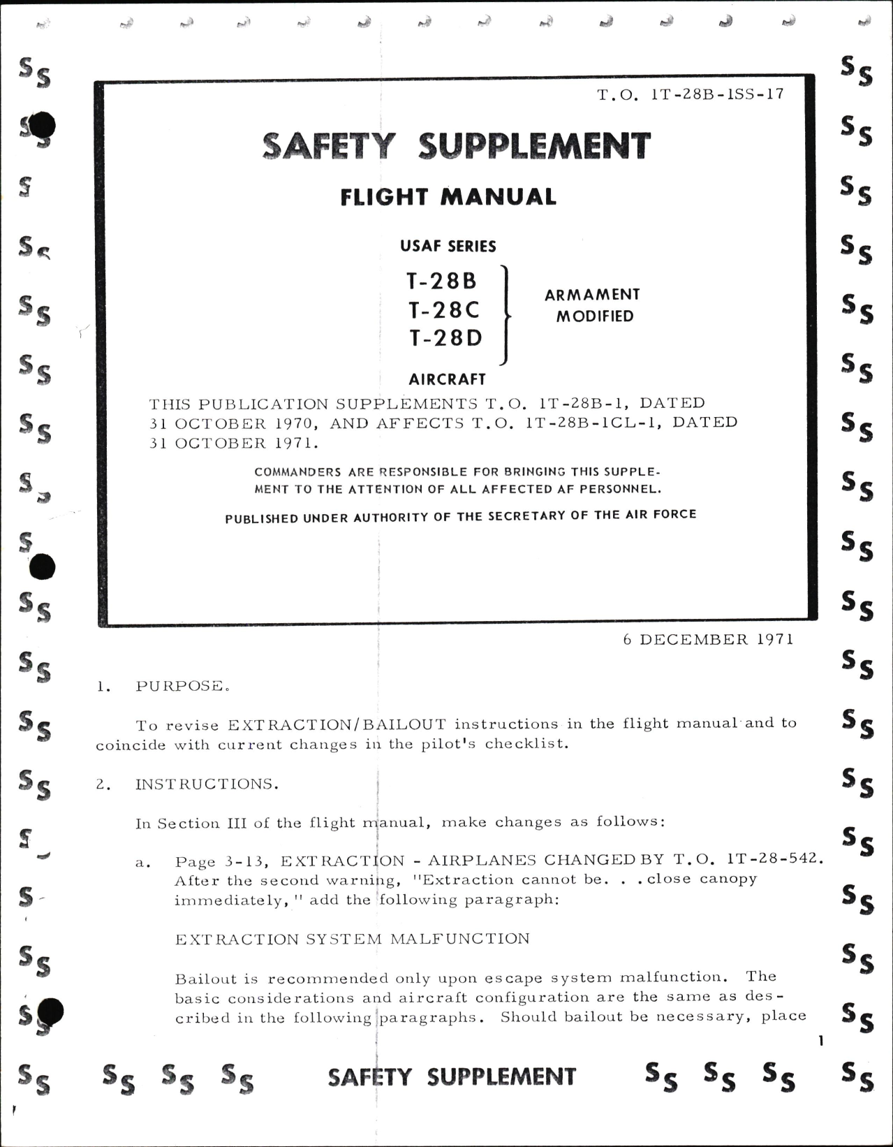 Sample page 1 from AirCorps Library document: Safety Supplement for Flight Manual for Armament Modified T-28B, T-28C, & T-28D 