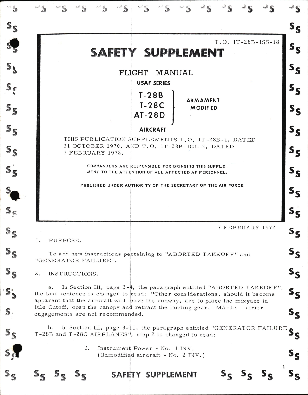 Sample page 1 from AirCorps Library document: Safety Supplement for Flight Manual for Armament Modified T-28B, T-28C, & AT-28D