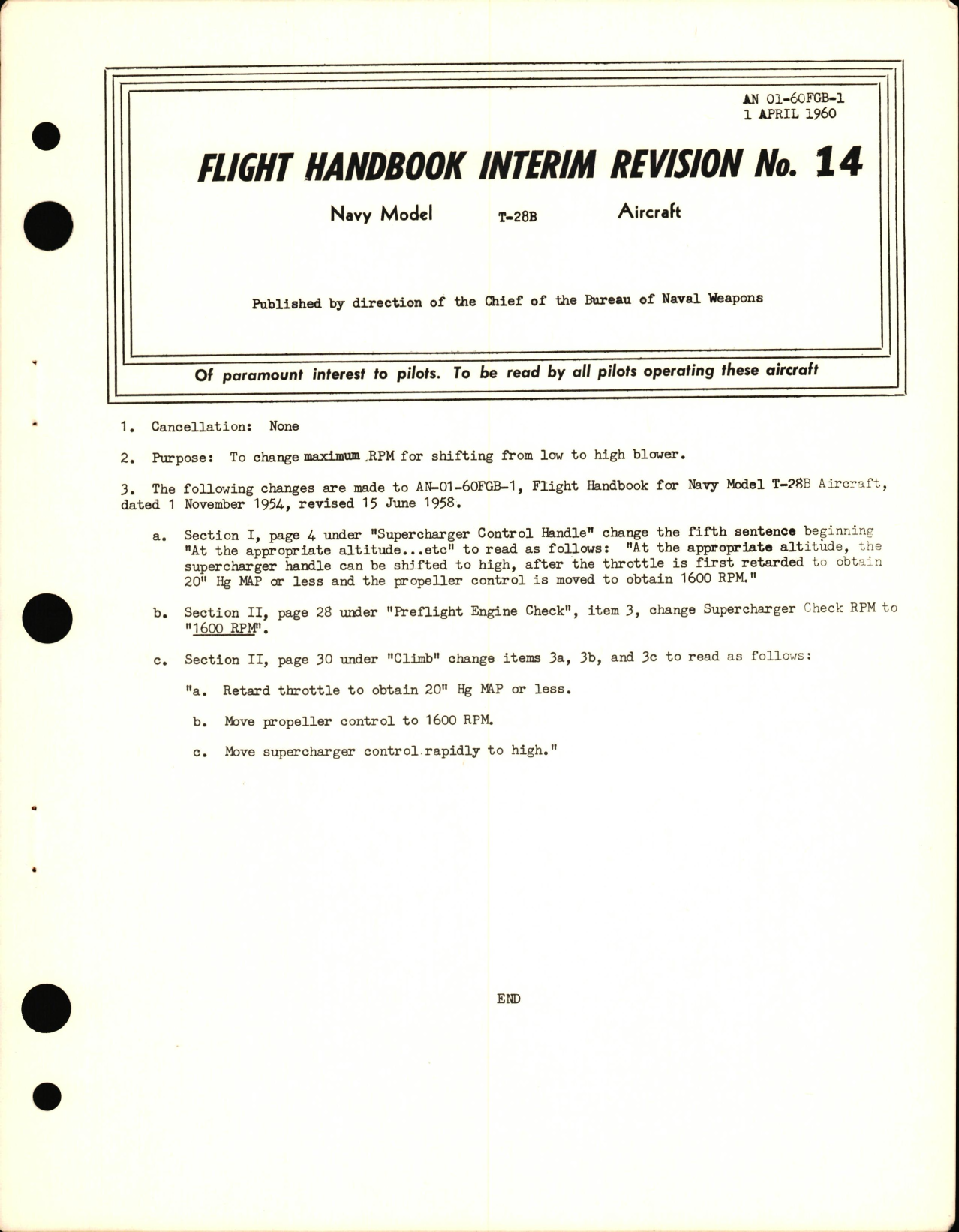 Sample page 1 from AirCorps Library document: Flight Handbook Interim Revision 14 for the T-28B