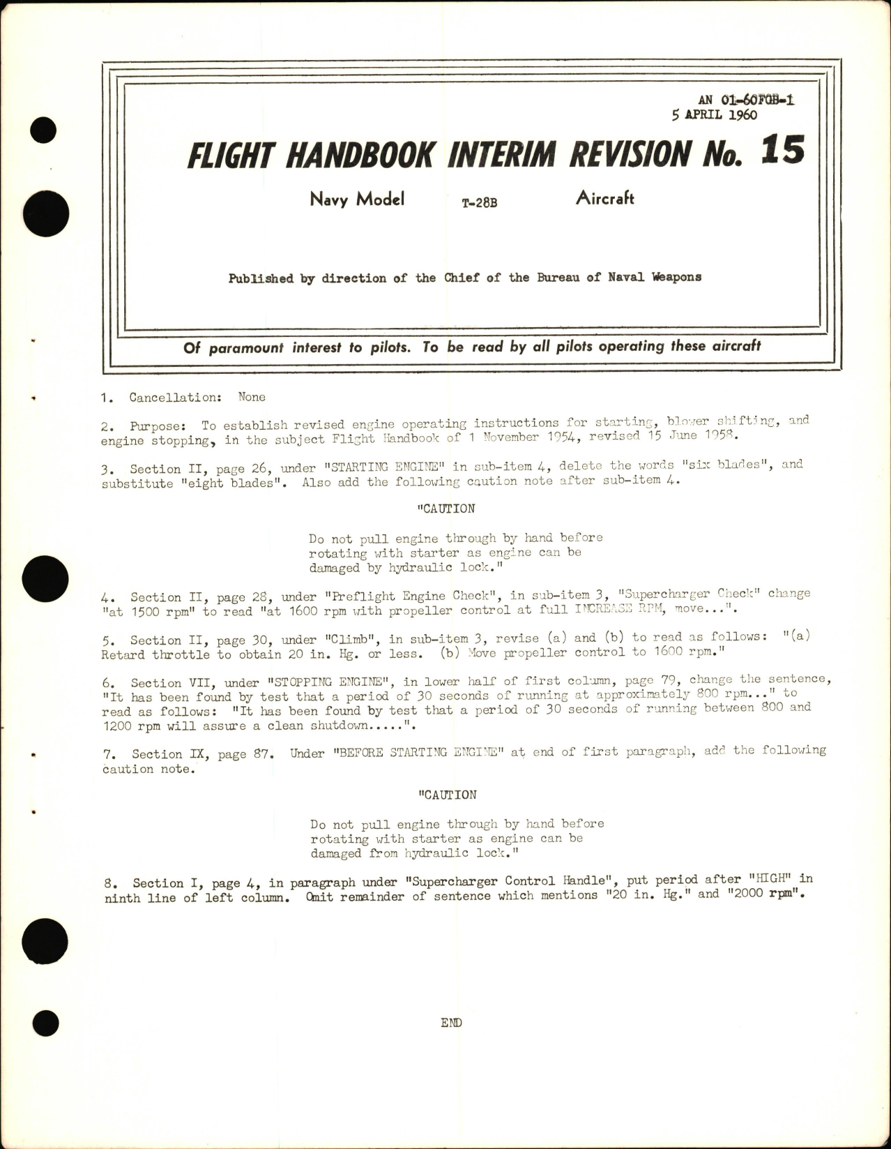 Sample page 1 from AirCorps Library document: Flight Handbook Interim Revision 15 for the T-28B