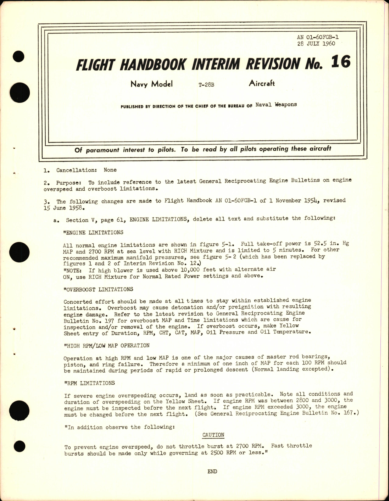 Sample page 1 from AirCorps Library document: Flight Handbook Interim Revision 16 for the T-28B
