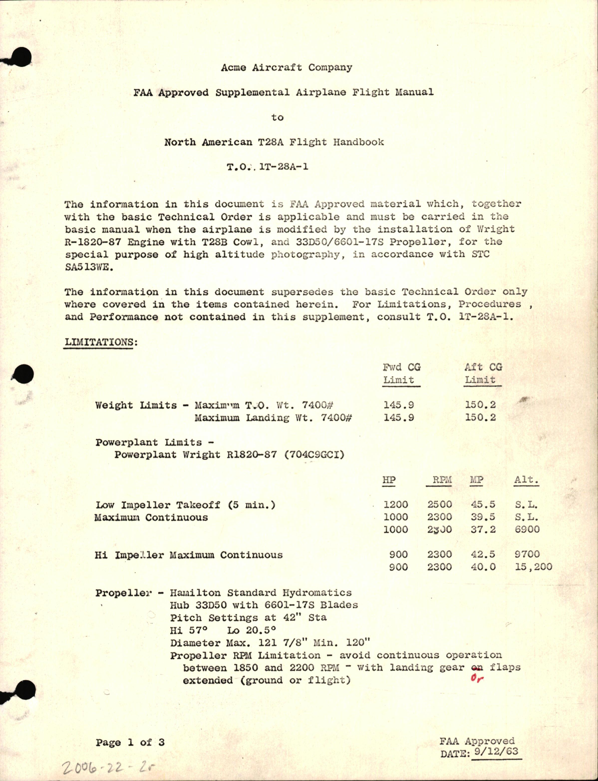 Sample page 1 from AirCorps Library document: FAA Approved Supplement to North American T28A Flight Handbook T.O. No. 1T-28A-1