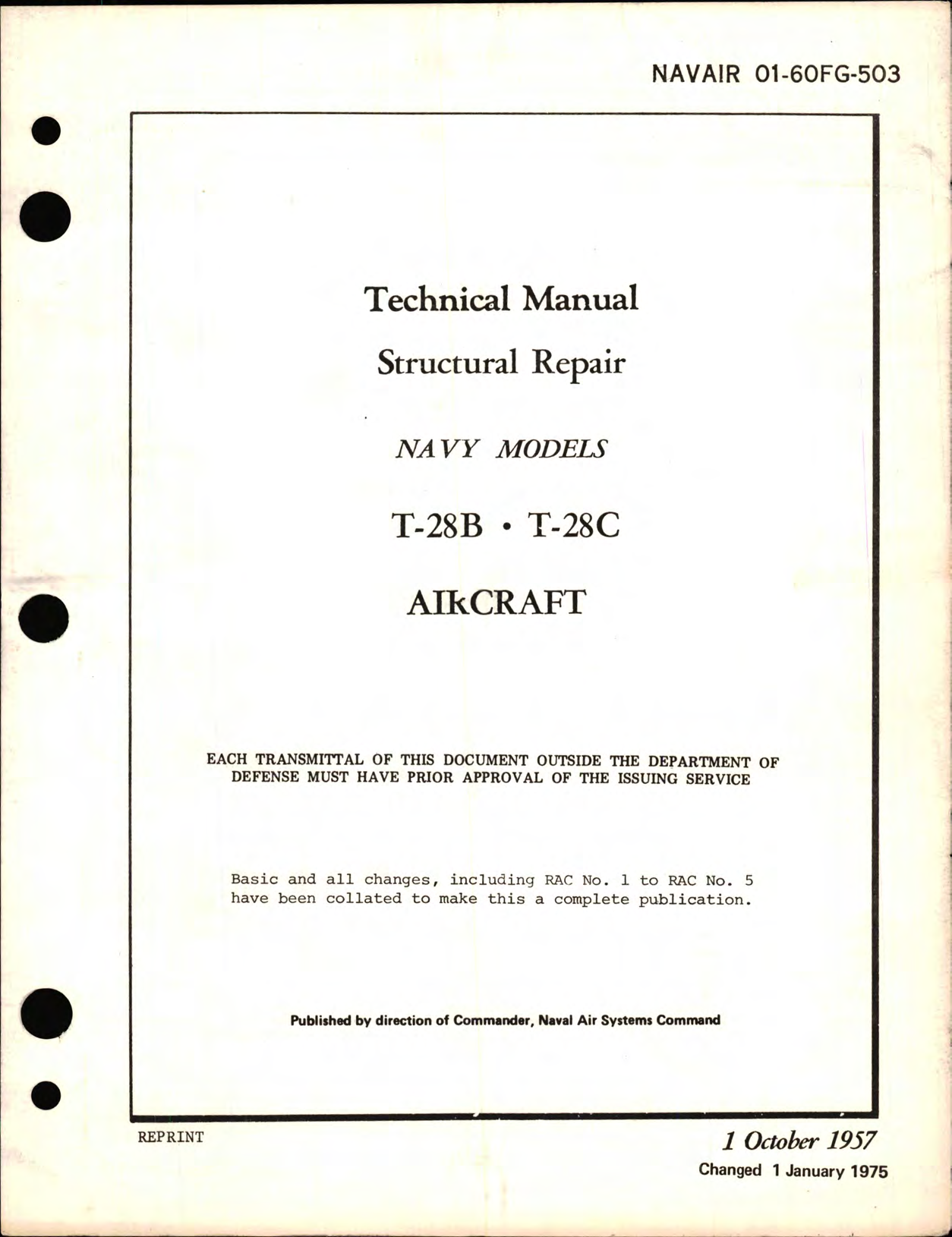 Sample page 1 from AirCorps Library document:  Structural Repair Manual for Navy Models T-28B & T-28C, 