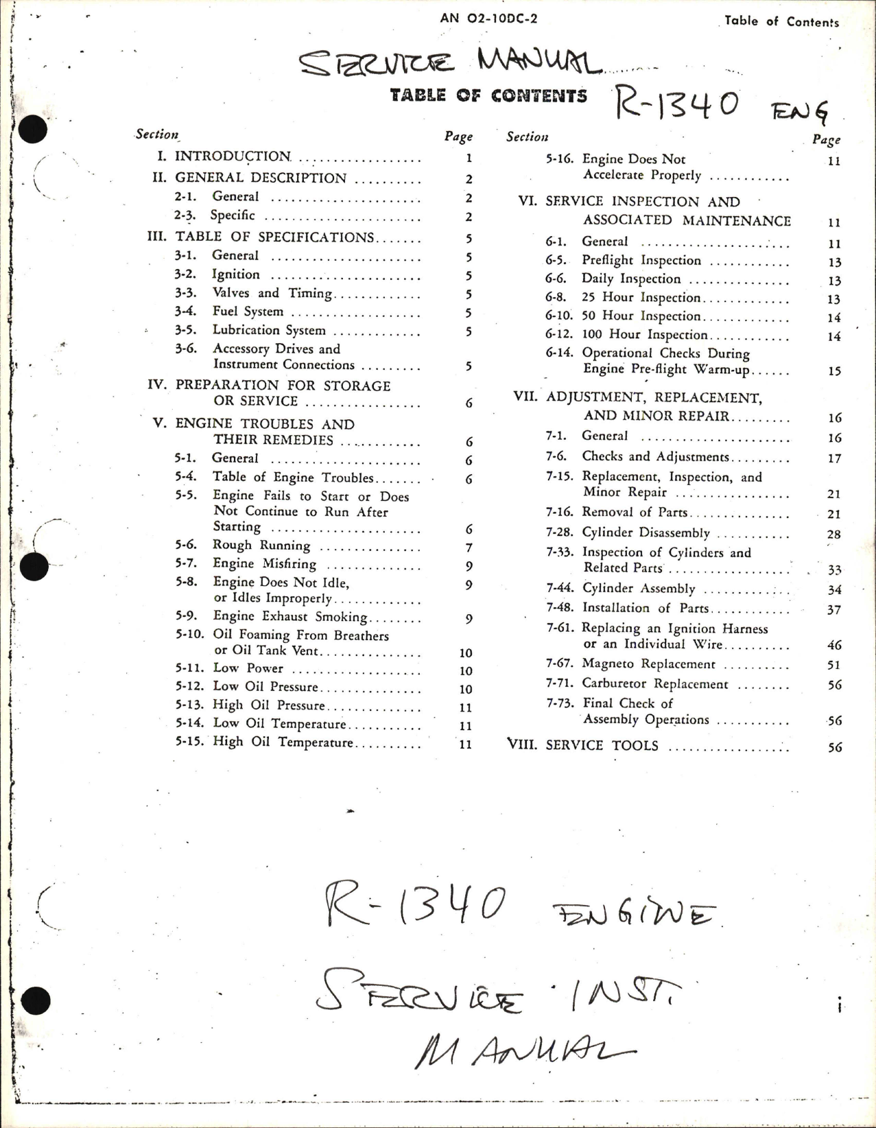 Sample page 1 from AirCorps Library document: Service Instructions for R-1340