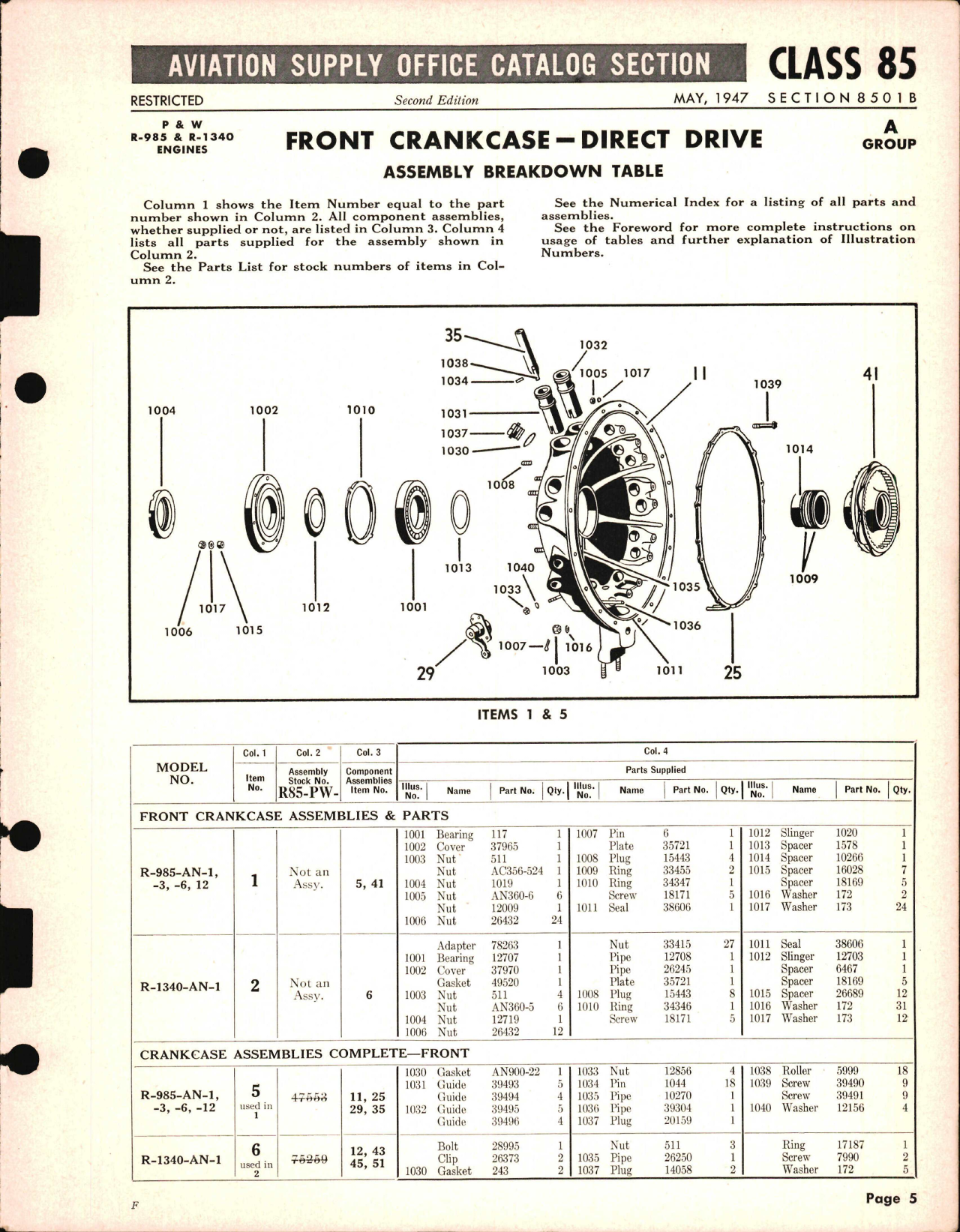 Sample page 5 from AirCorps Library document: Pratt & Whitney Spare Parts for Pratt & Whitney Engines R985-AN-1, -3, -6, -12, R-1340-AN-1, and -2