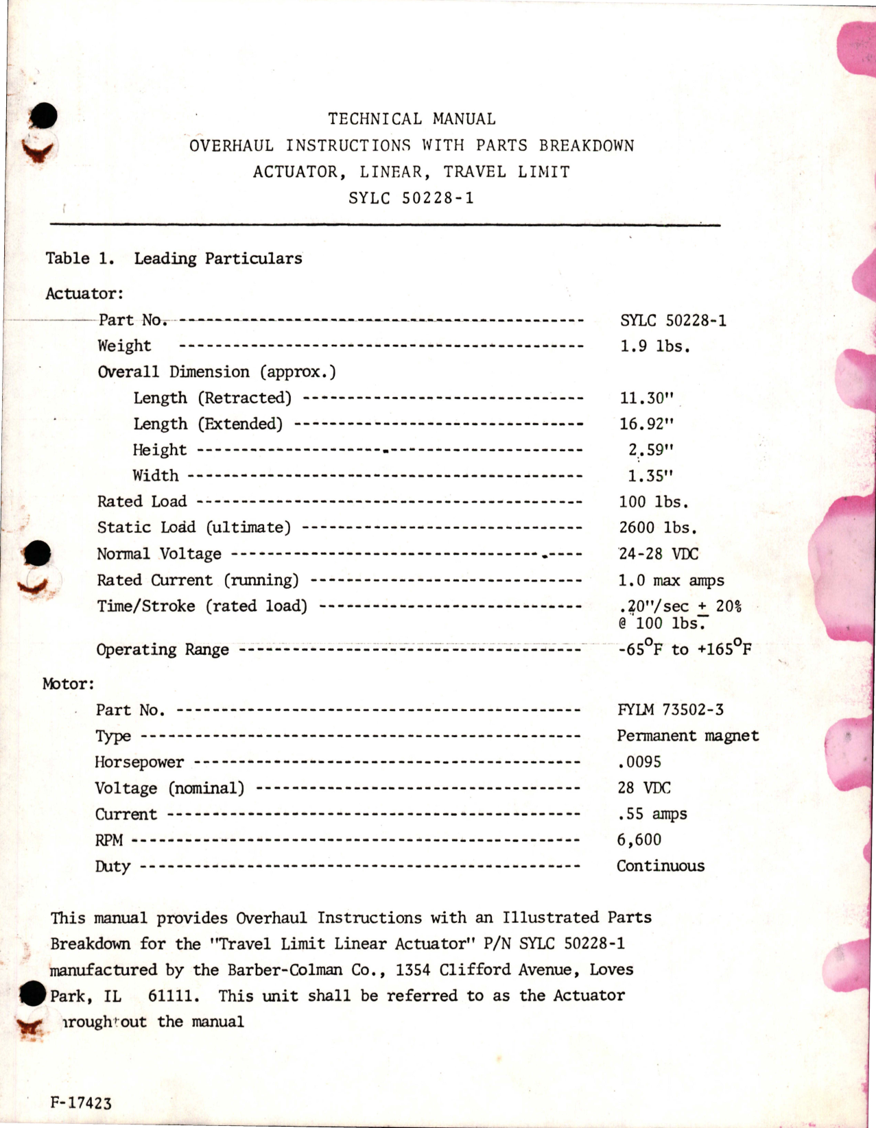 Sample page 1 from AirCorps Library document: Overhaul Instructions with Parts Breakdown for Travel Limit Linear Actuator - SYLC 502281