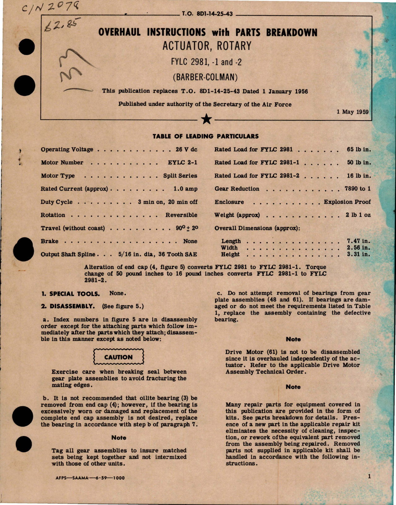 Sample page 1 from AirCorps Library document: Overhaul Instructions with Parts for Rotary Actuator - FYLC 2981, FYLC 2981-1, and FYLC 2981-2