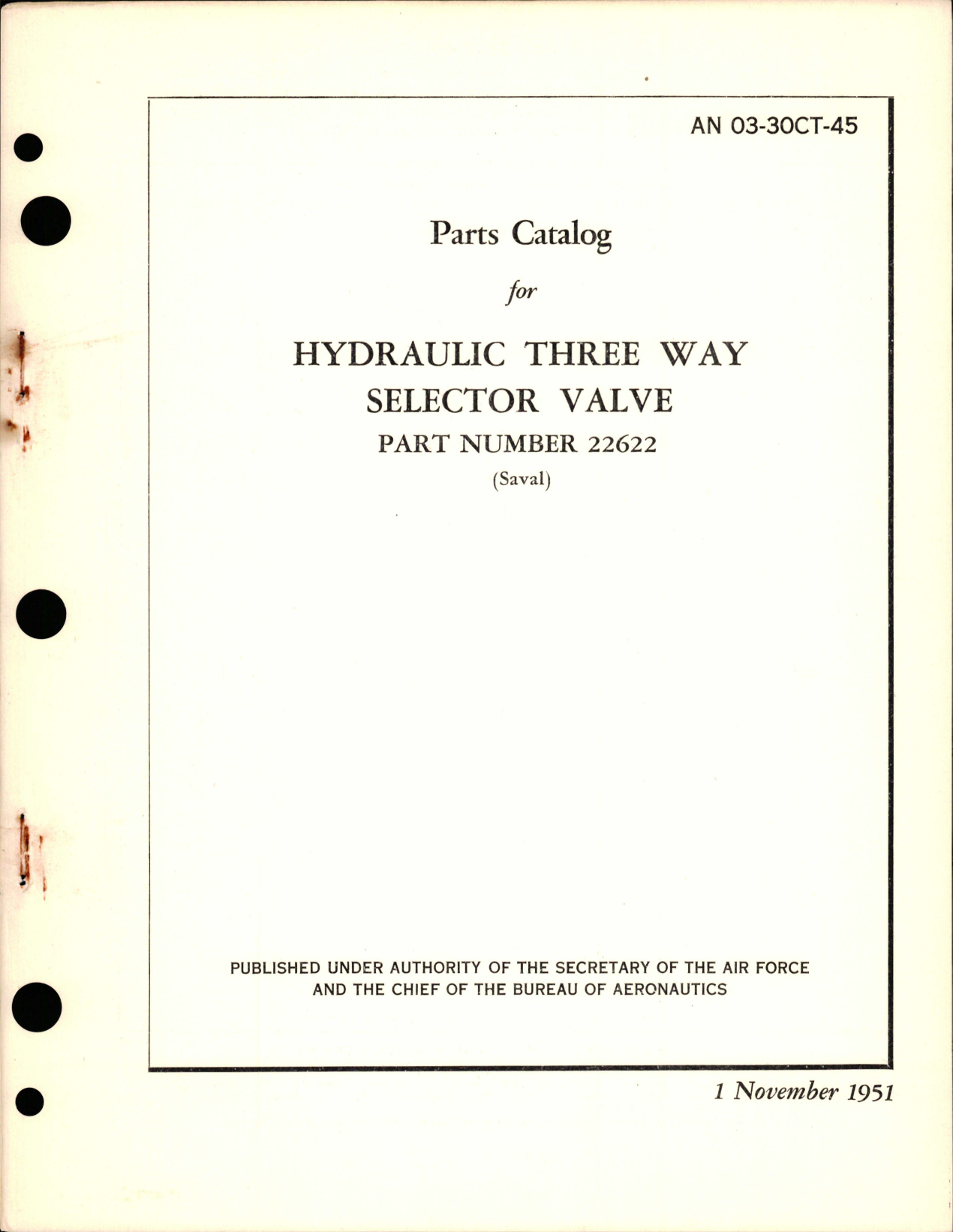 Sample page 1 from AirCorps Library document: Parts Catalog for Hydraulic Three Way Selector Valve - Part 22622