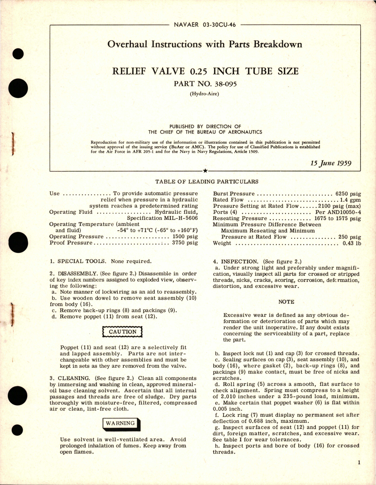 Sample page 1 from AirCorps Library document: Overhaul Instructions with Parts Breakdown for Relief Valve 0.25 inch Tube Size - Part 38-095