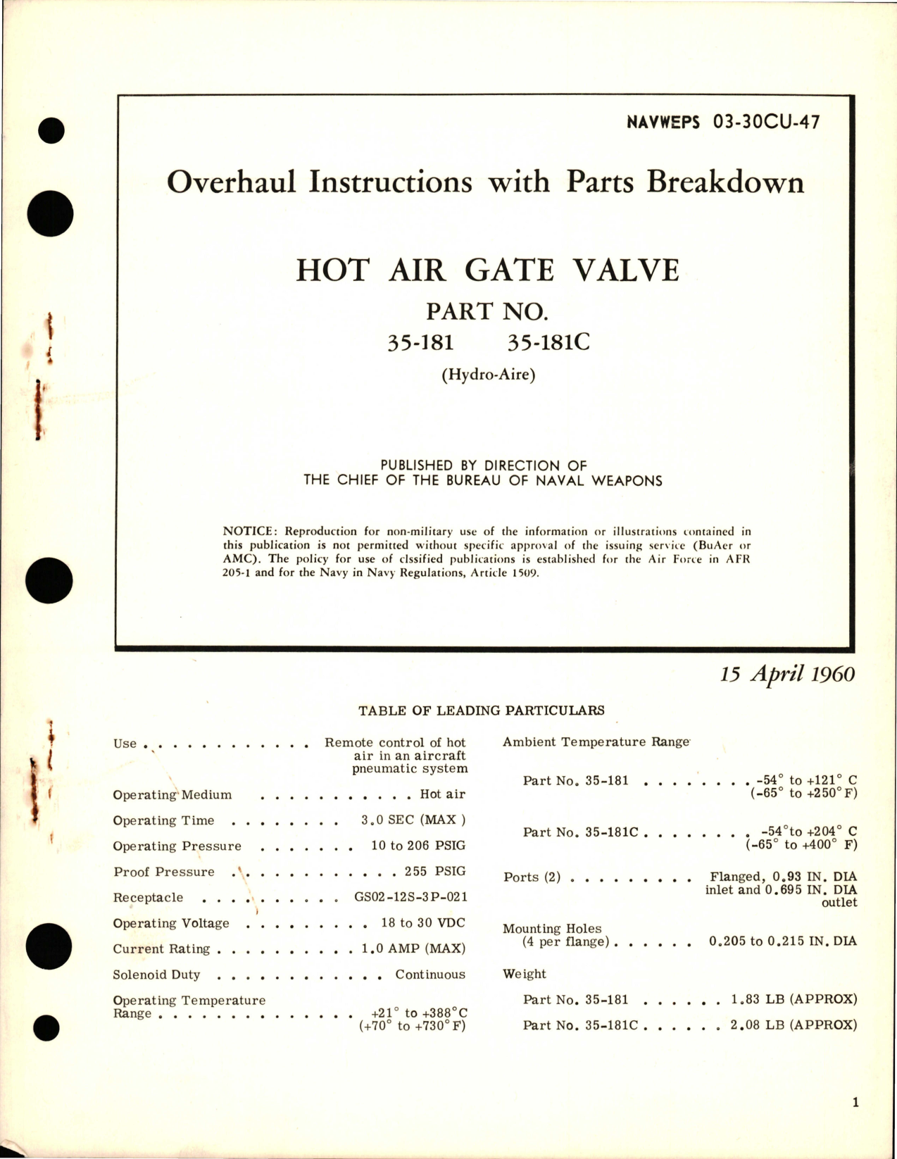 Sample page 1 from AirCorps Library document: Overhaul Instructions with Parts Breakdown for Hot Air Gate Valve - Part 35-181, 35-181C