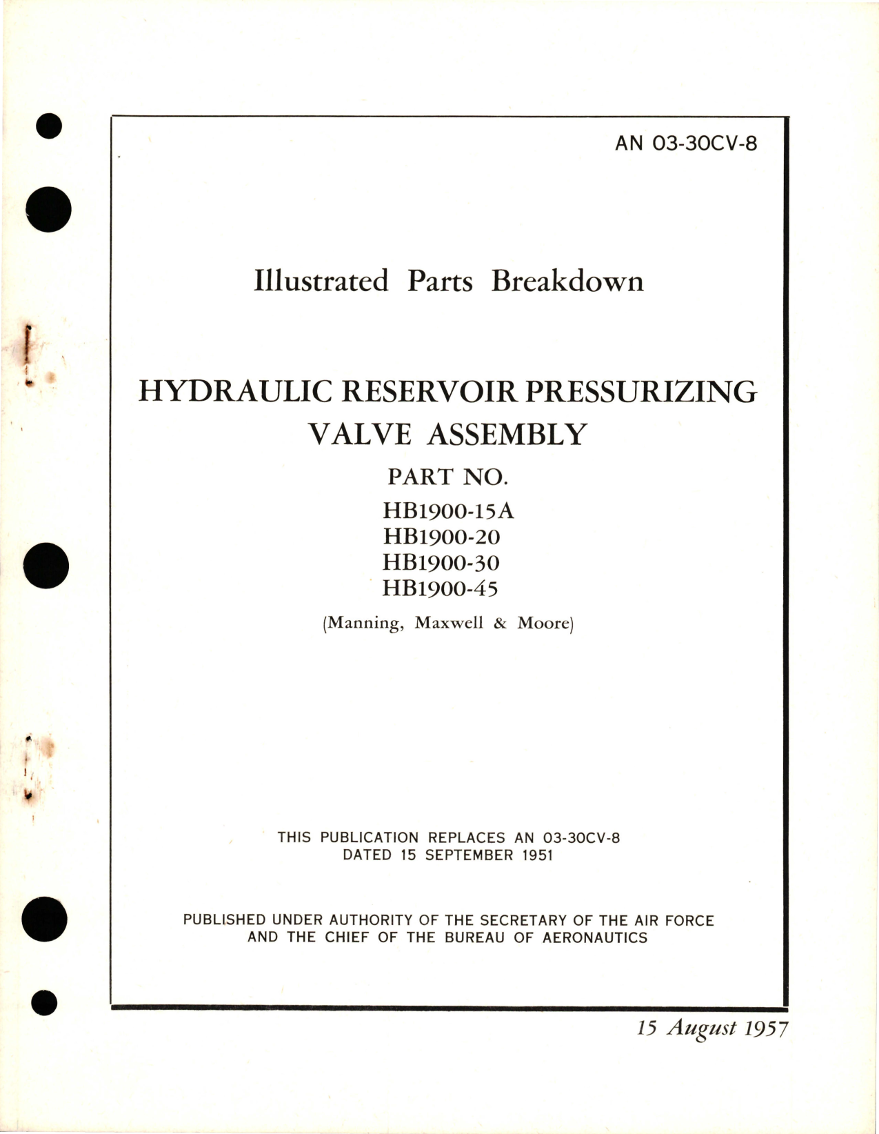 Sample page 1 from AirCorps Library document: Illustrated Parts Breakdown for Hydraulic Reservoir Pressurizing Valve Assembly