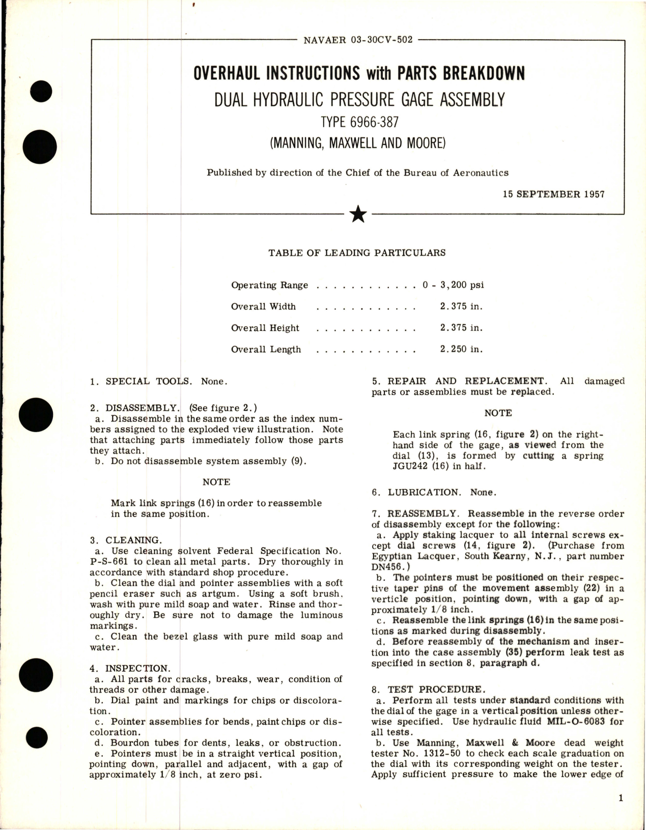 Sample page 1 from AirCorps Library document: Overhaul Instructions with Parts for Dual Hydraulic Pressure Gage Assembly - Type 6966-387