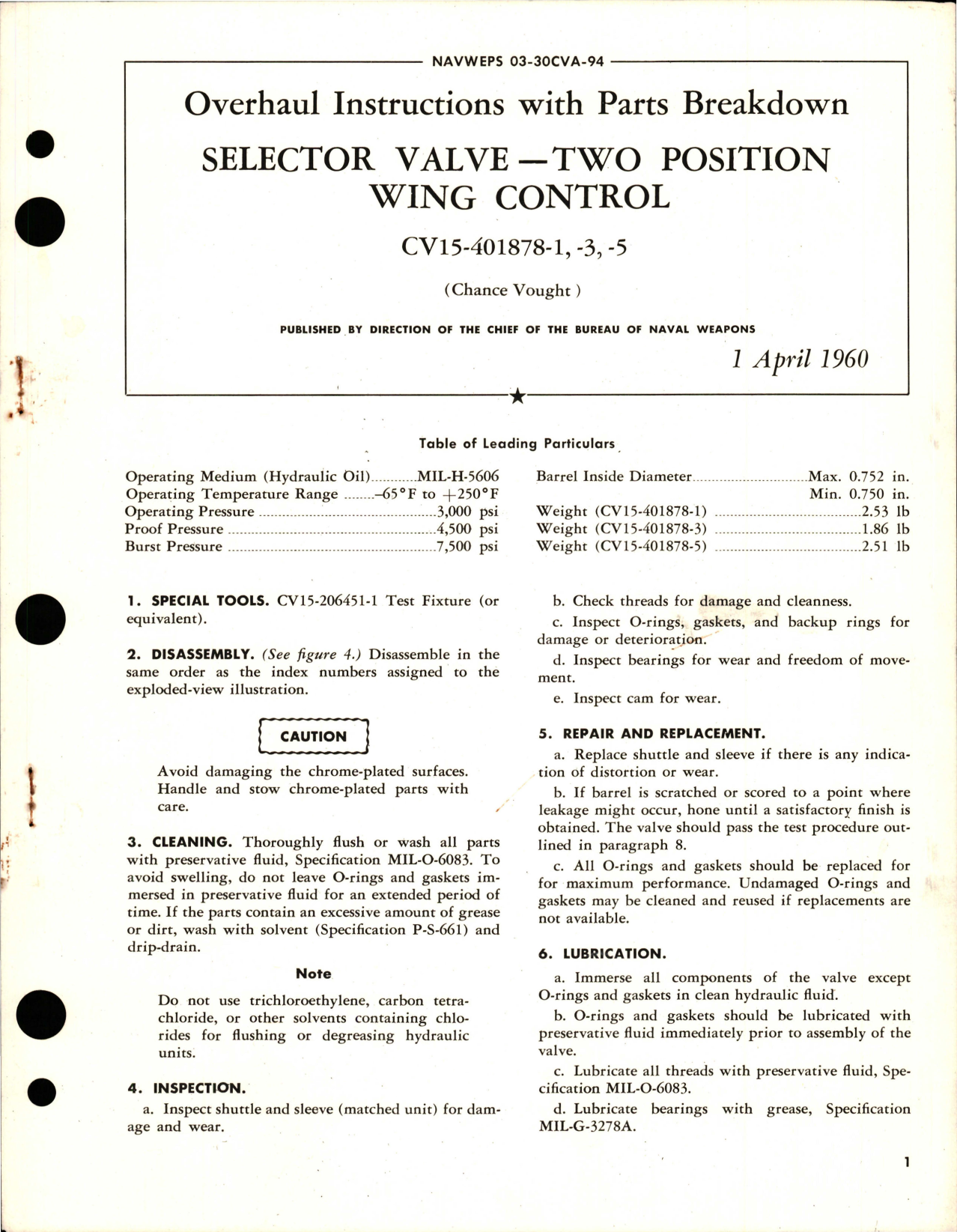 Sample page 1 from AirCorps Library document: Overhaul Instructions with Parts for Two Position Wing Control Selector Valve - CV15-401878-1, CV15-401878-3, CV15-401878-5