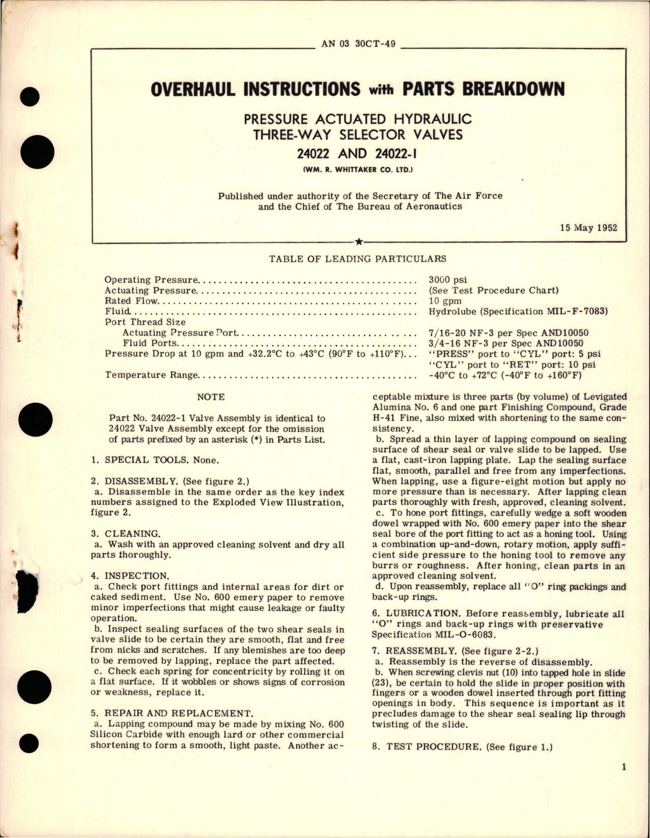 Sample page 1 from AirCorps Library document: Overhaul Instructions with Parts for Pressure Actuated Hydraulic Three Way Selector Valves - 24022, 24022-1 