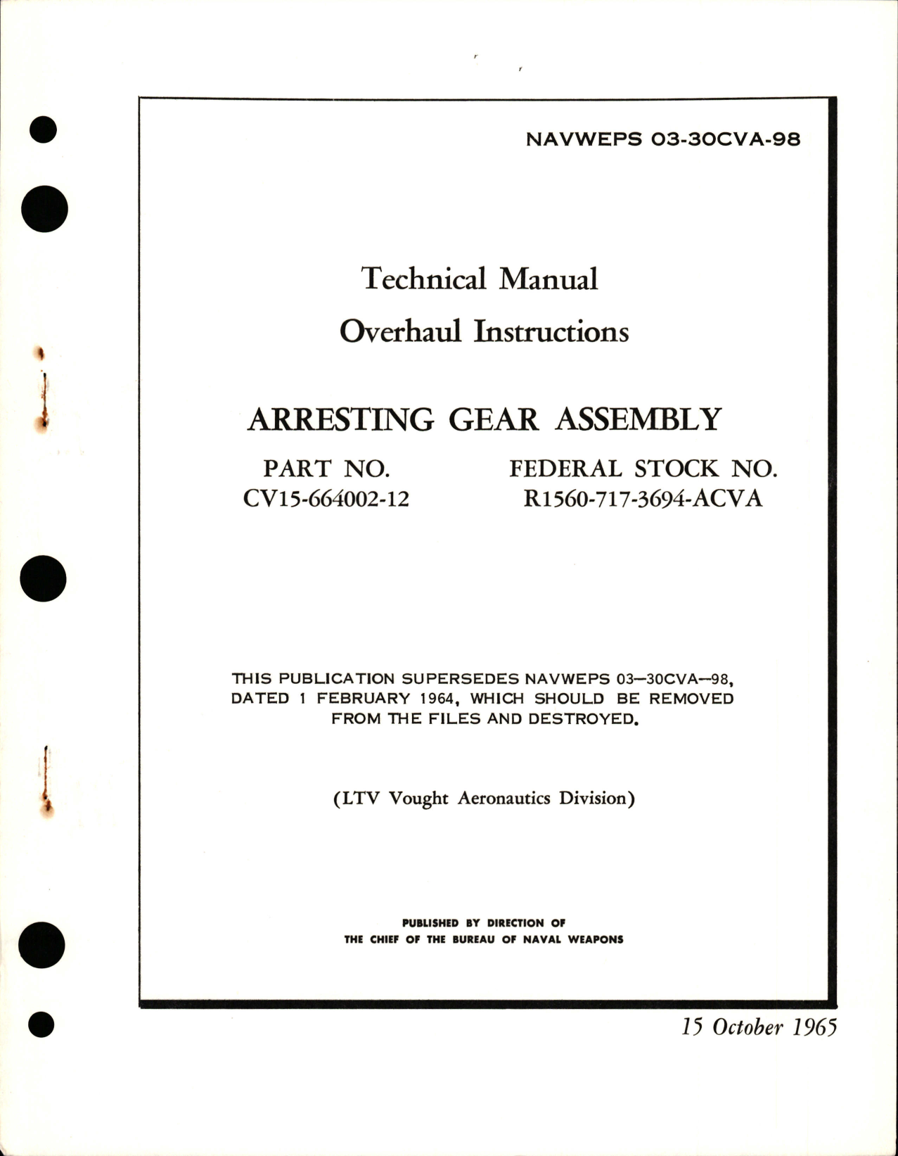 Sample page 1 from AirCorps Library document: Overhaul Instructions for Arresting Gear Assembly - Part CV15-664002-12