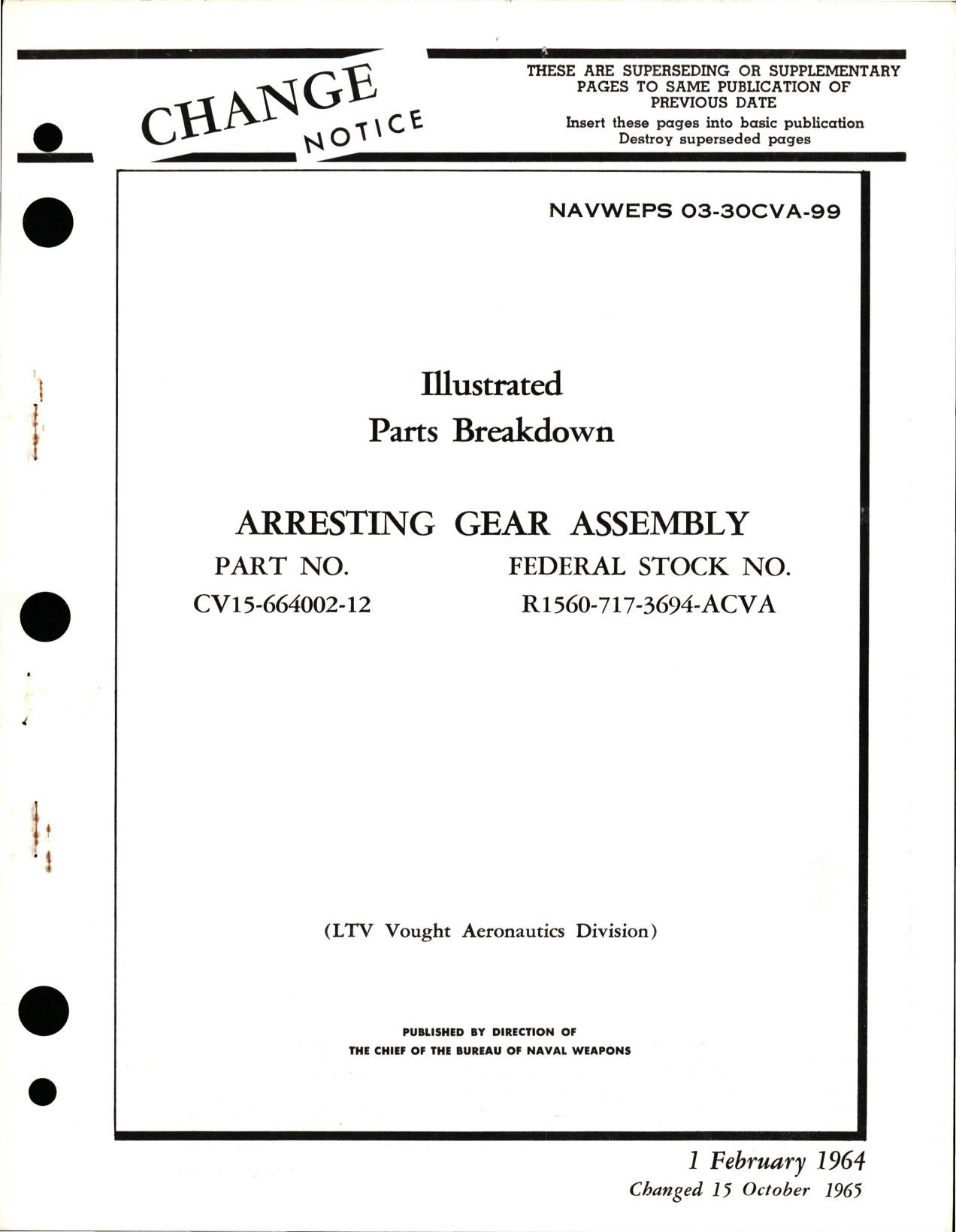 Sample page 1 from AirCorps Library document: Illustrated Parts Breakdown for Arresting Gear Assembly - Part CV15-664002-12