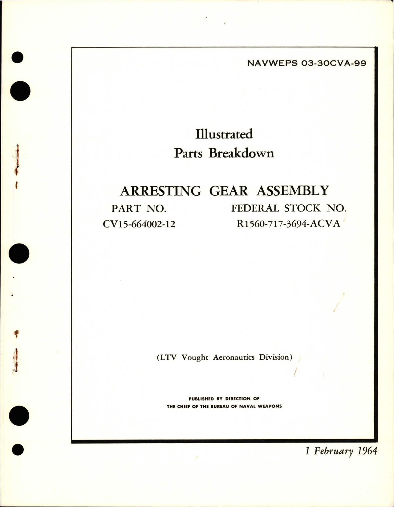 Sample page 1 from AirCorps Library document: Illustrated Parts Breakdown for Arresting Gear Assembly - Part CV15-664002-12