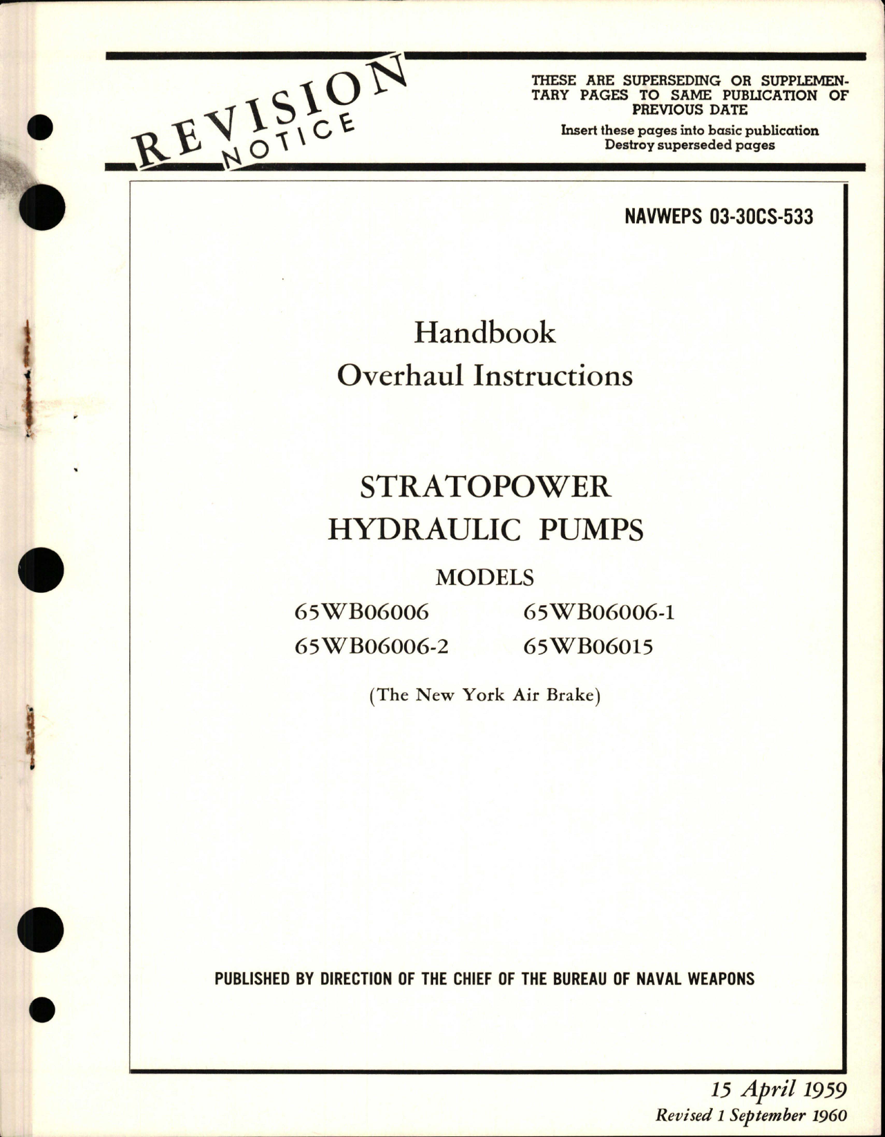 Sample page 1 from AirCorps Library document: Overhaul Instructions for Stratopower Hydraulic Pumps