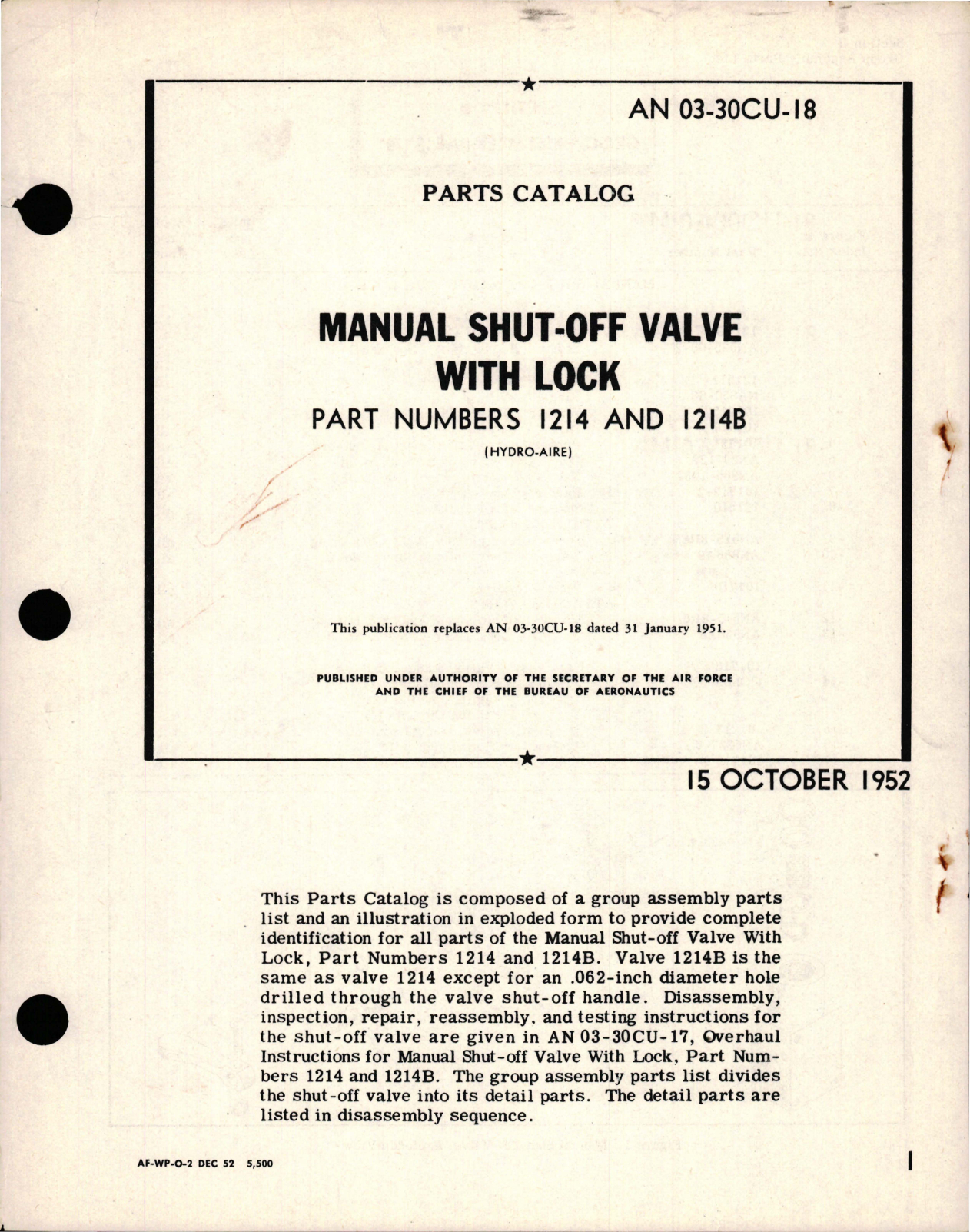 Sample page 1 from AirCorps Library document: Parts Catalog for Manual Shut-Off Valve with Lock - Part 1214 and 1214B