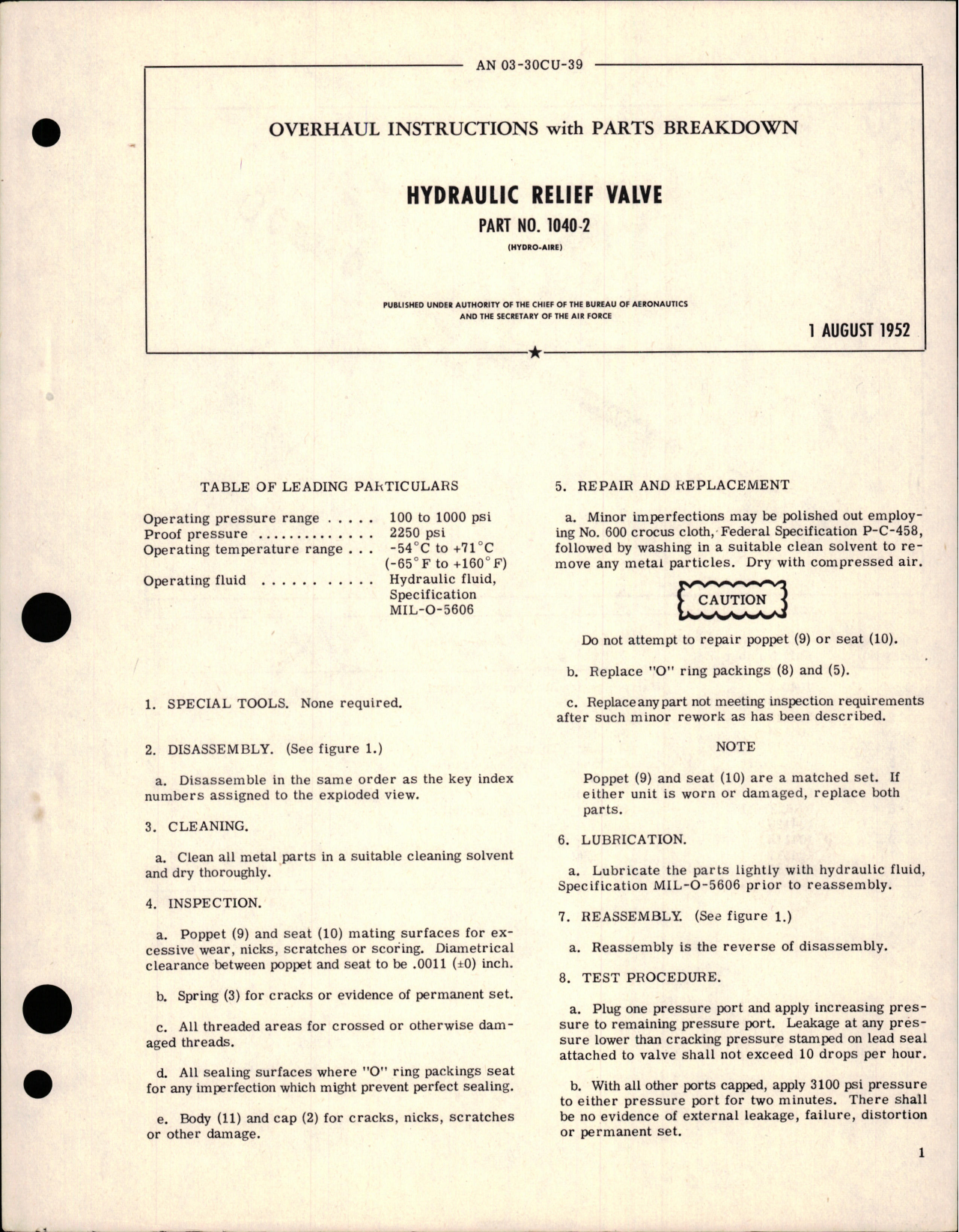 Sample page 1 from AirCorps Library document: Overhaul Instructions with Parts Breakdown for Hydraulic Relief Valve - Part 1040-2