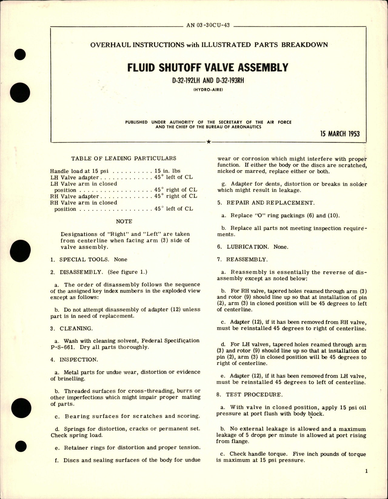 Sample page 1 from AirCorps Library document: Overhaul Instructions with Illustrated Parts Breakdown for Fluid Shutoff Valve Assembly - D-32-192LH and D-32-193RH