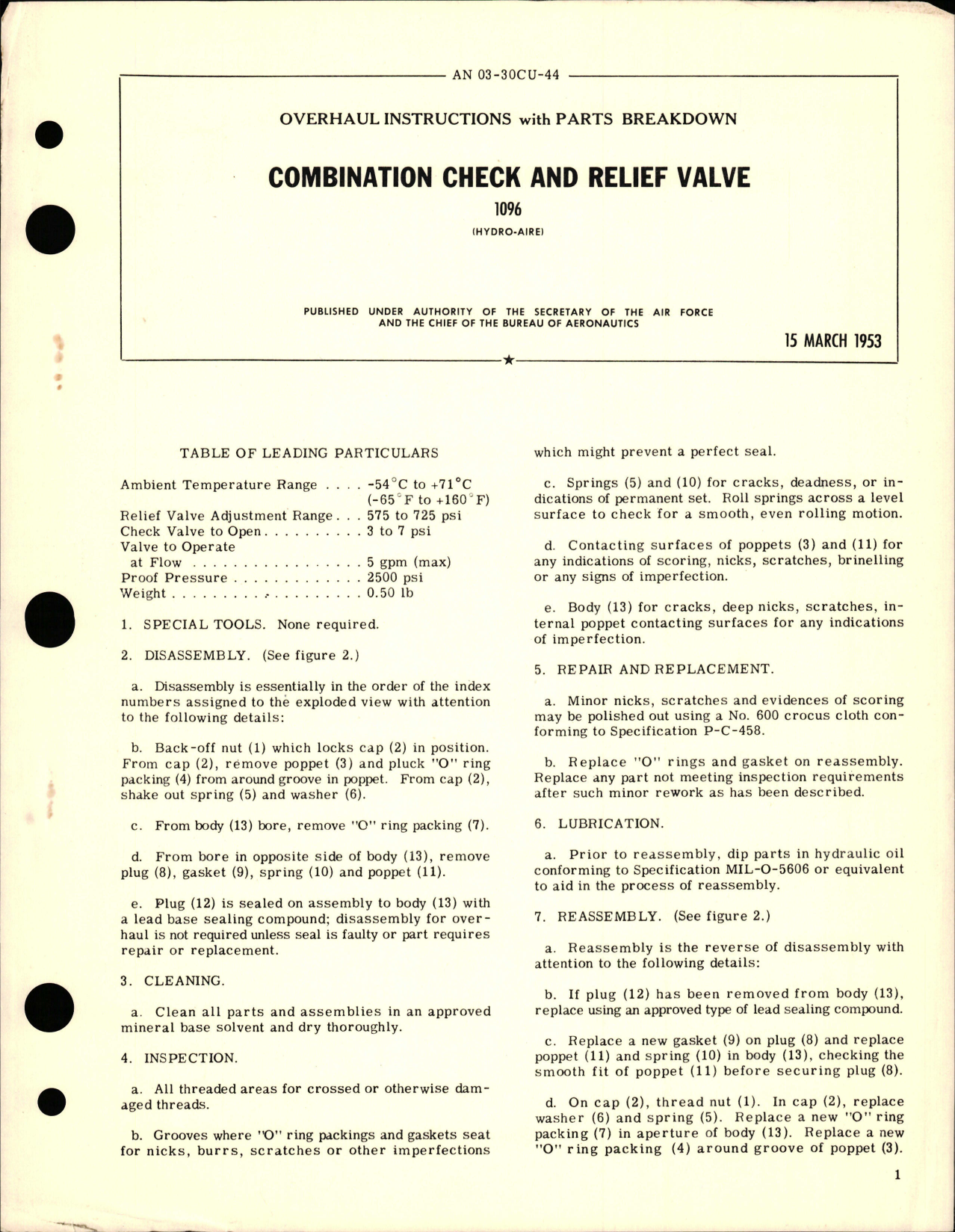 Sample page 1 from AirCorps Library document: Overhaul Instructions with Parts for Combination Check and Relief Valve - 1096