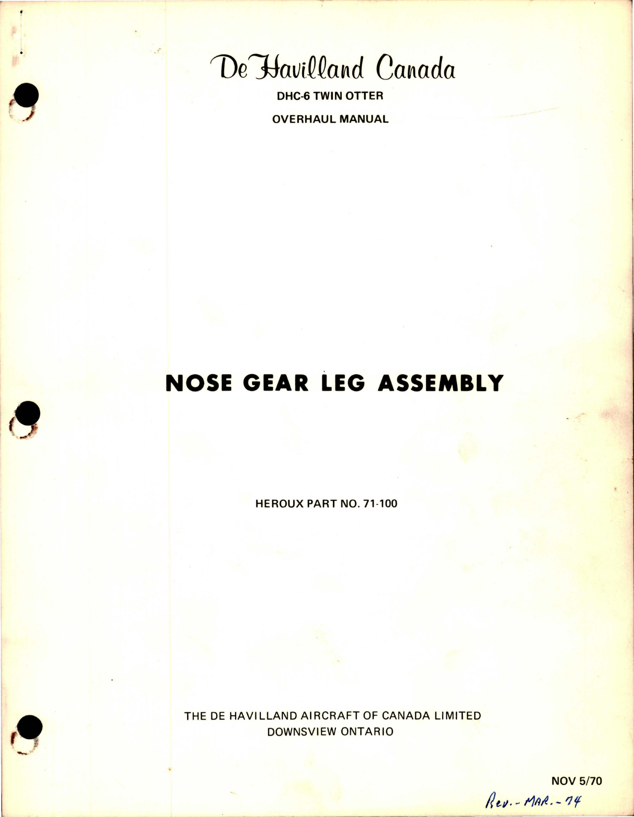 Sample page 1 from AirCorps Library document: Overhaul Manual for DHC-6 Twin Otter Nose Gear Leg Assembly - Part 71-100
