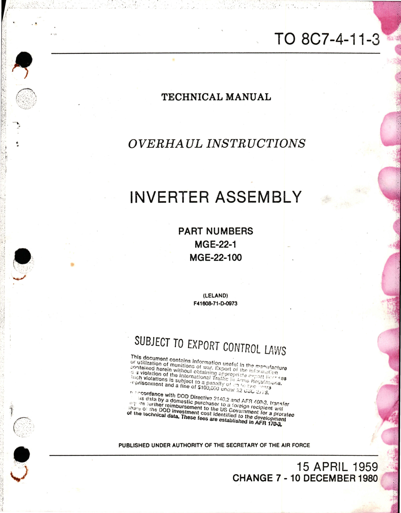 Sample page 1 from AirCorps Library document: Overhaul Instructions for Inverter Assembly - Parts MGE-22-1, MGE-22-100