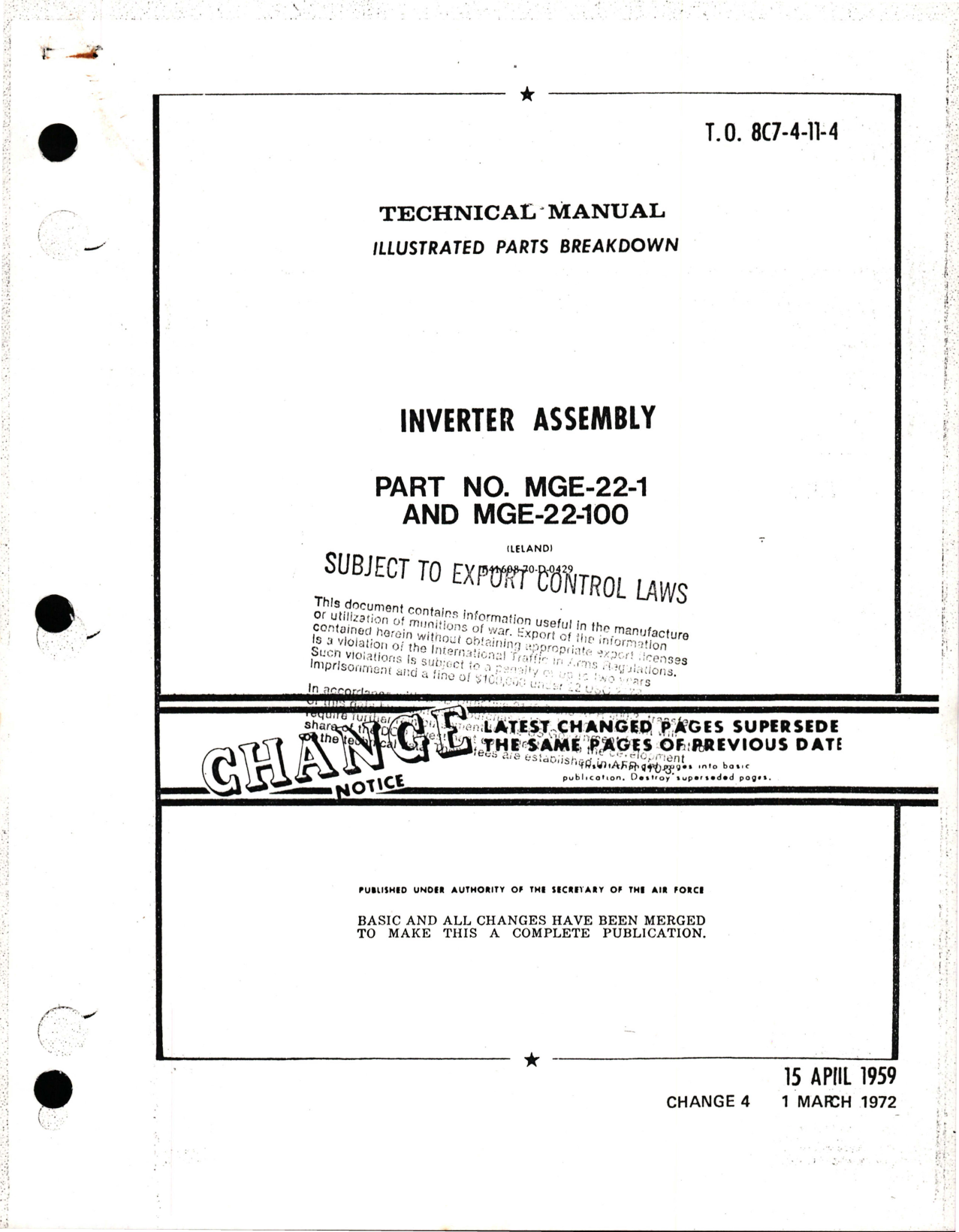 Sample page 1 from AirCorps Library document: Illustrated Parts Breakdown for Inverter Assembly - Part MGE-22-1, MGE-11-100