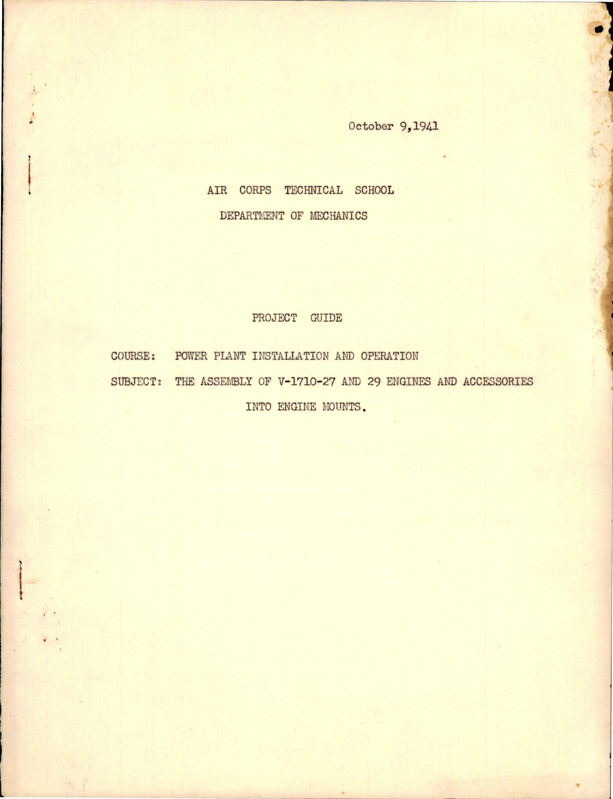 Sample page 1 from AirCorps Library document: Project Guide for Assembly of V-1710-27 and -29 Engines and Accessories into Engine Mounts 