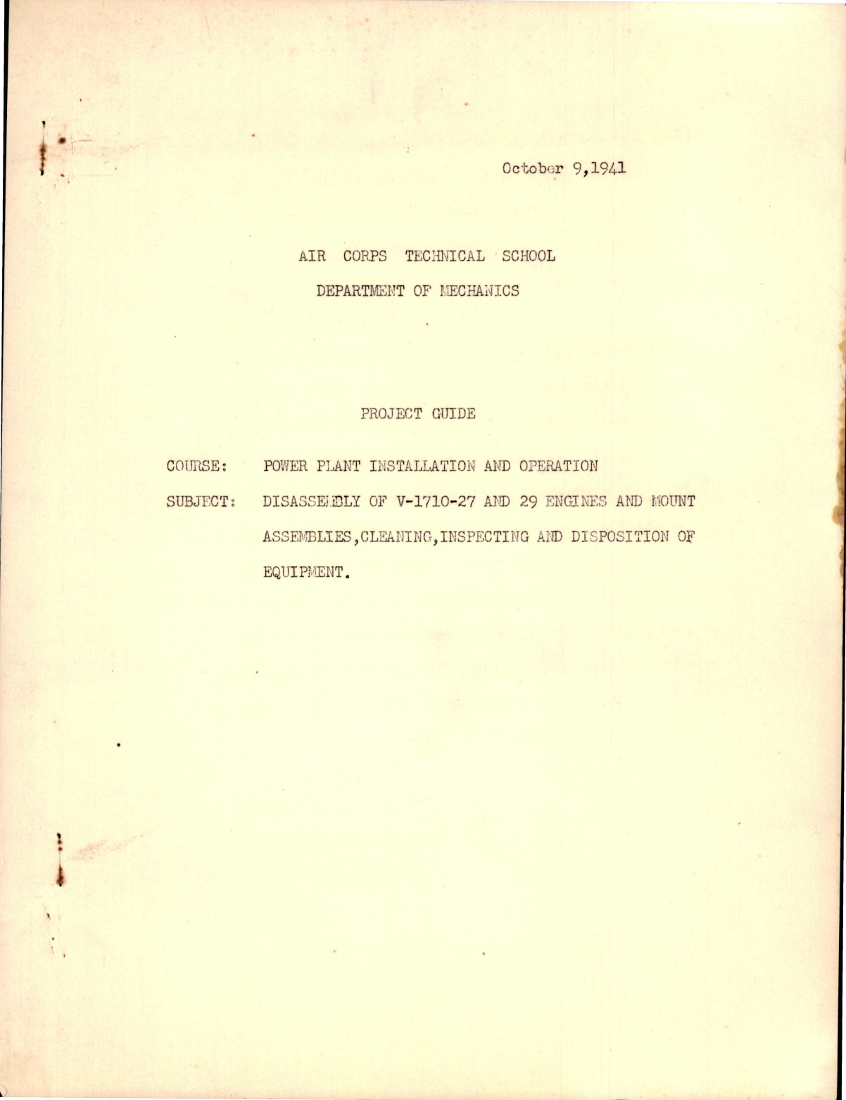 Sample page 1 from AirCorps Library document: Project Guide for Disassembly of V-1710-27 and -29 Engines and Mount Assemblies, Cleaning, Inspecting and Disposition of Equipment  