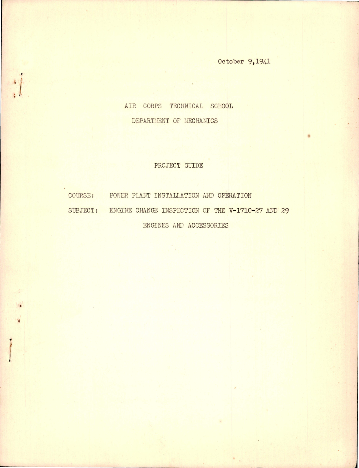 Sample page 1 from AirCorps Library document: Project Guide for Engine Change Inspection of the V-1710-27 and V-1710-29 Engines and Accessories 