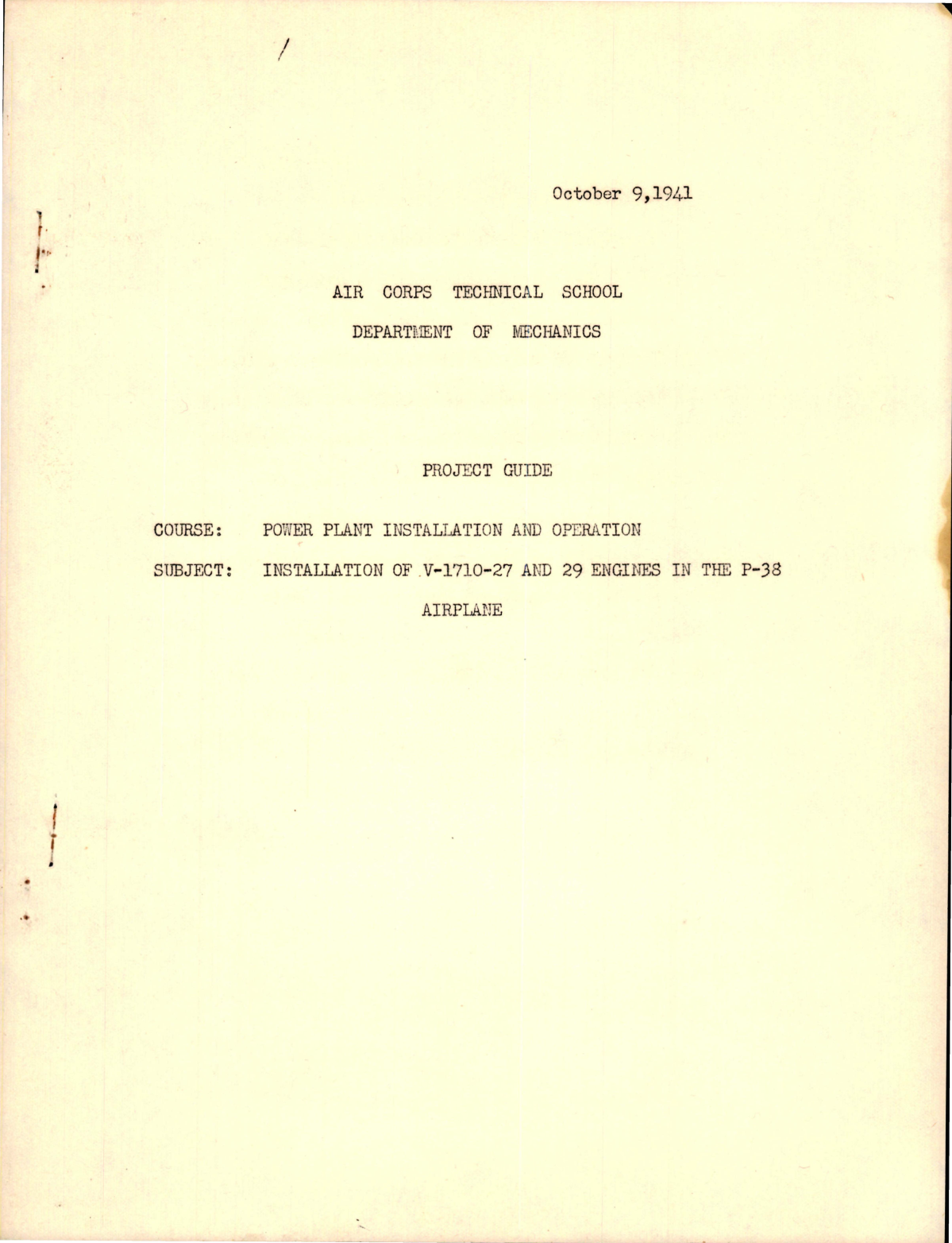 Sample page 1 from AirCorps Library document: Project Guide for Installation of V-1710-27 and V-1710-29 Engines in the P-38 