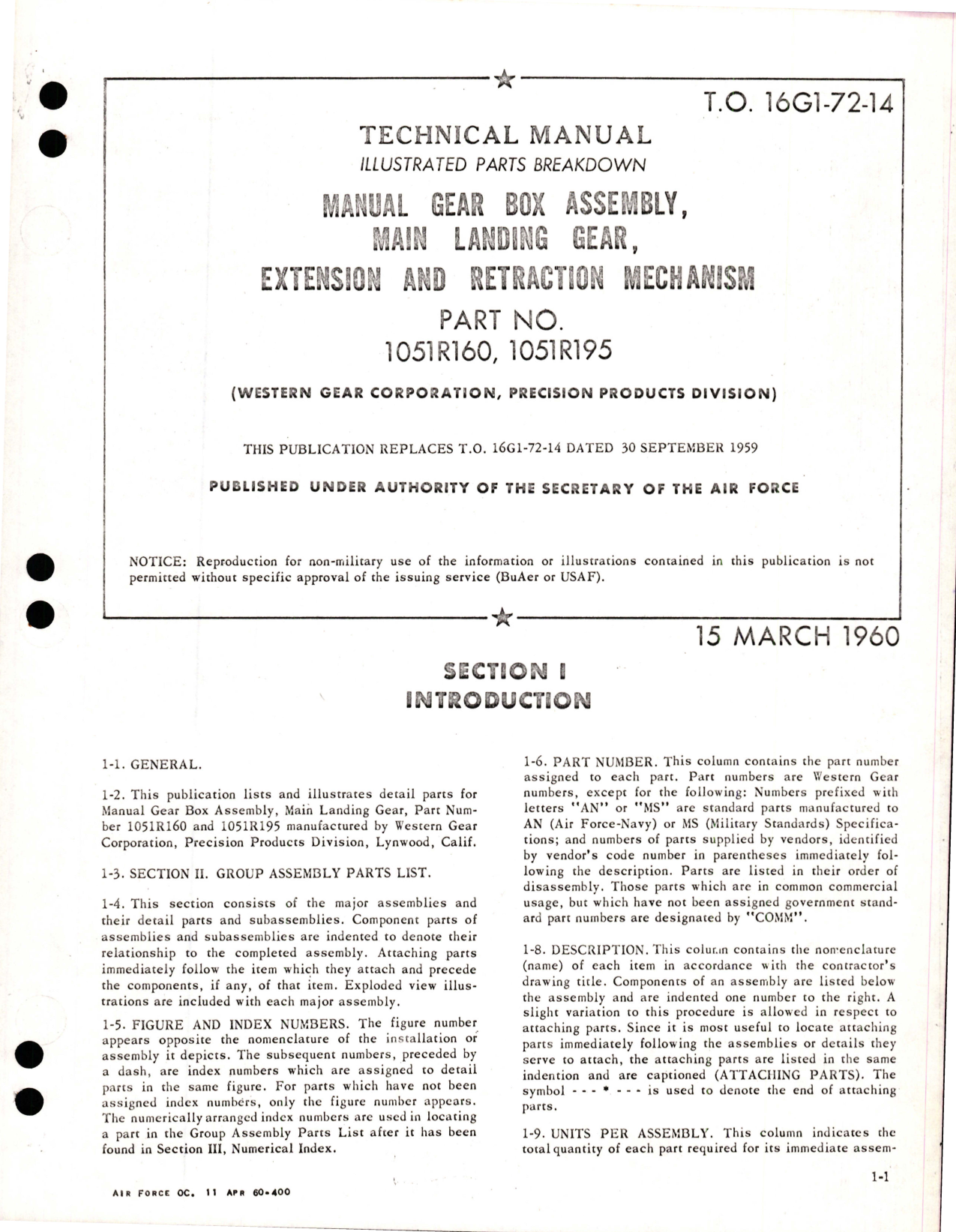 Sample page 1 from AirCorps Library document: Illustrated Parts Breakdown for Manual Gear Box Assembly, Main Landing Gear, Extension and Retraction Mechanism