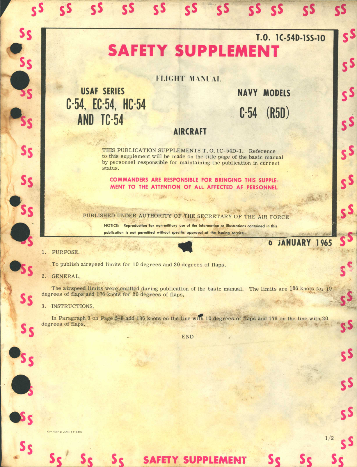 Sample page 1 from AirCorps Library document: Safety Supplement to Flight Manual for C-54, EC-54, HC-54, TC-54, and R5D Aircraft