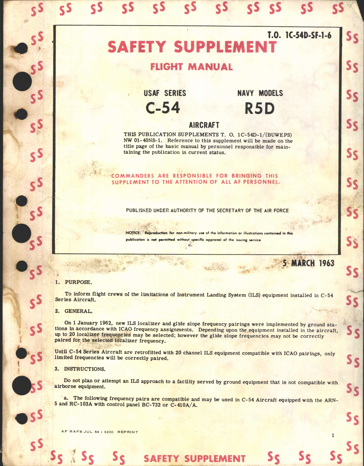 Sample page 1 from AirCorps Library document: Safety Supplement to Flight Manual for C54 and R5D Aircraft