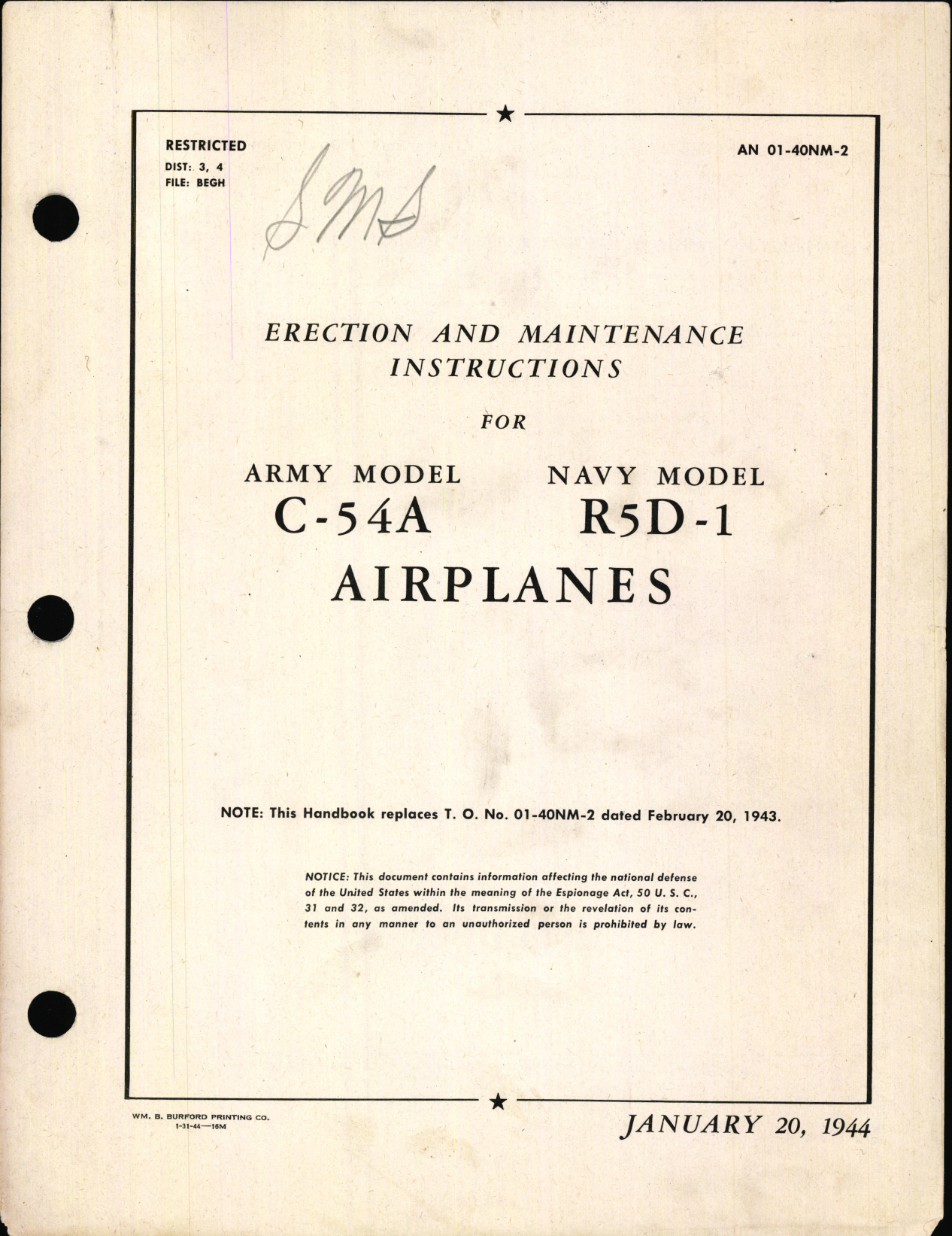 Sample page 1 from AirCorps Library document: Erection and Maintenance Instructions for C-54A and R5D-1