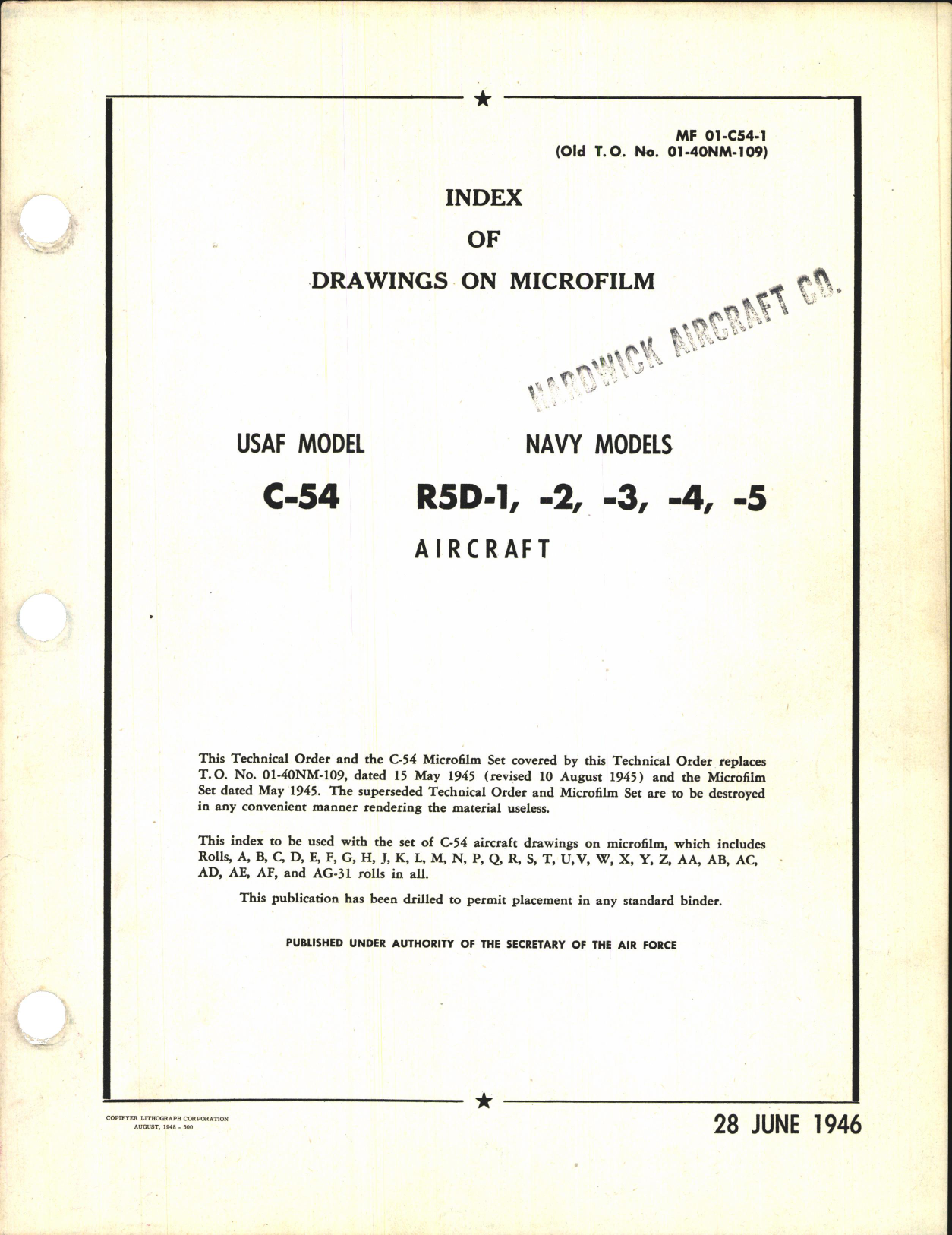 Sample page 1 from AirCorps Library document: Index of Drawings on Microfilm for C-54