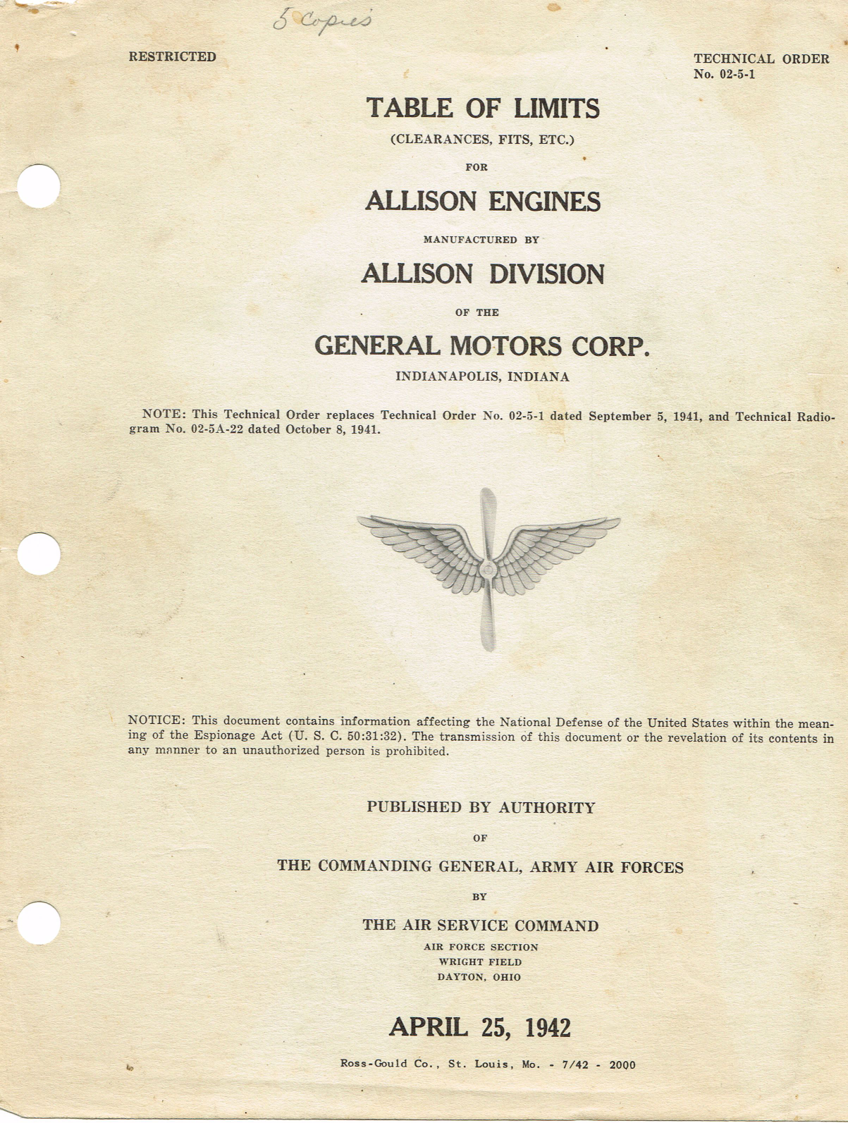 Sample page 1 from AirCorps Library document:  Table of Limits for Allison Engines, 
