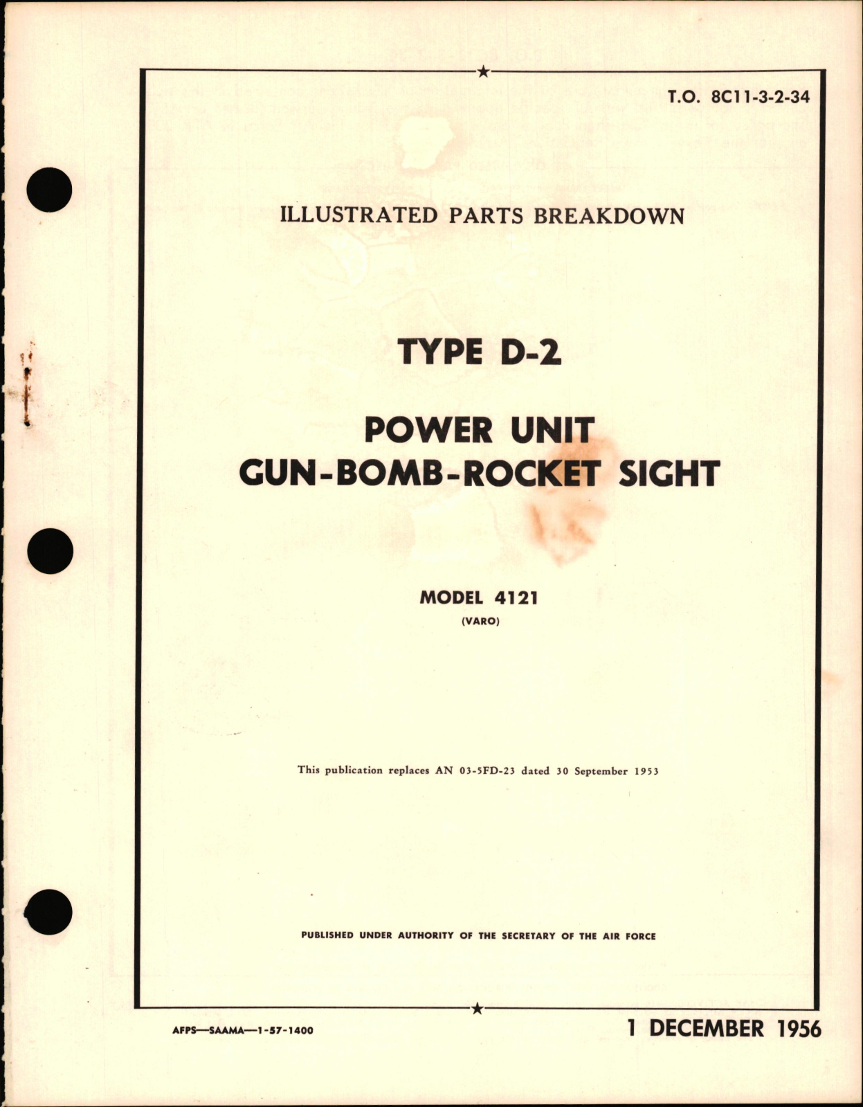 Sample page 1 from AirCorps Library document: Illustrated Parts Breakdown for Type D-2 Gun - Bomb - Rocket Sight Power Unit Model 4121