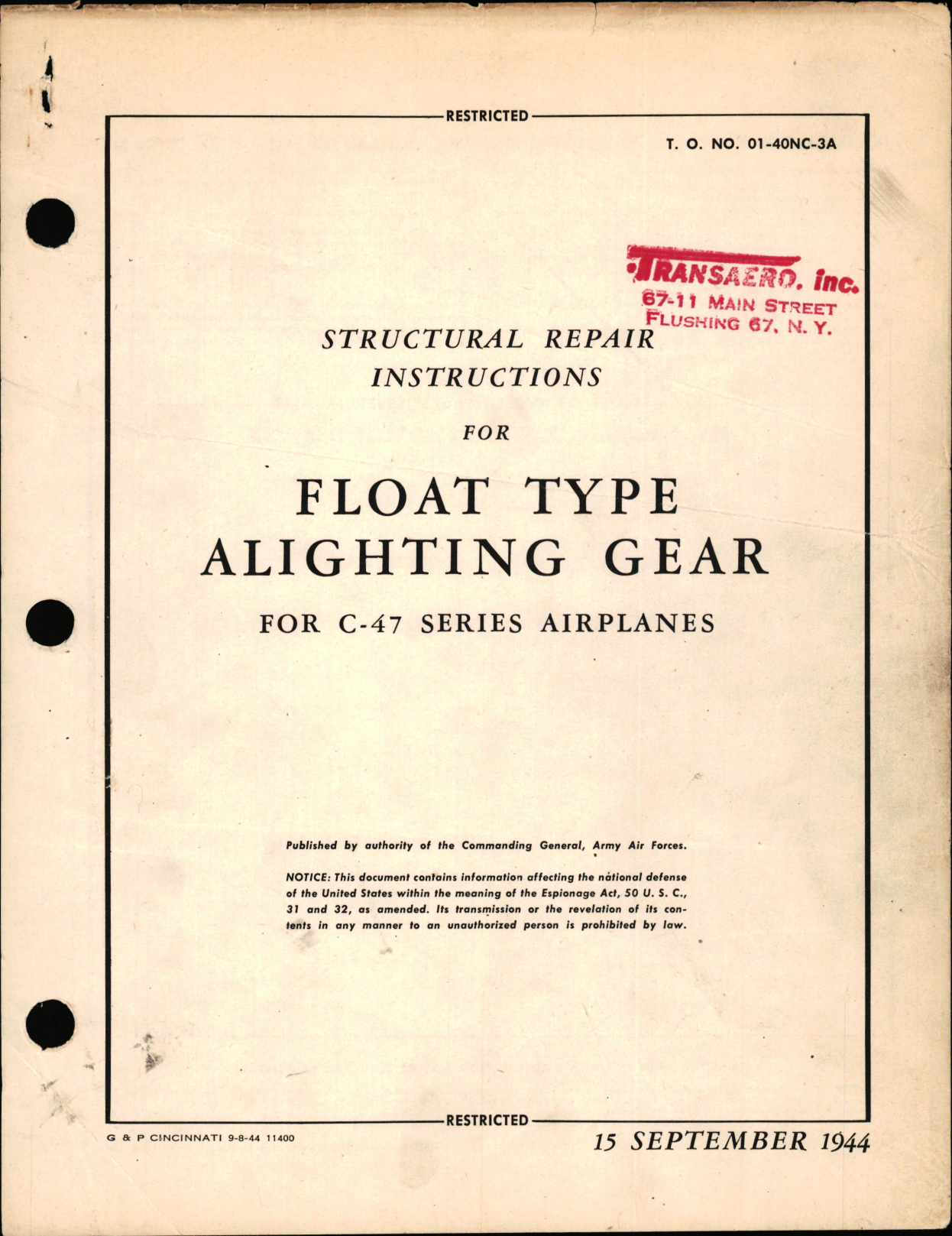 Sample page 1 from AirCorps Library document: Structural Repair Instructions for Float Type Alighting Gear for C-47 Series Airplanes