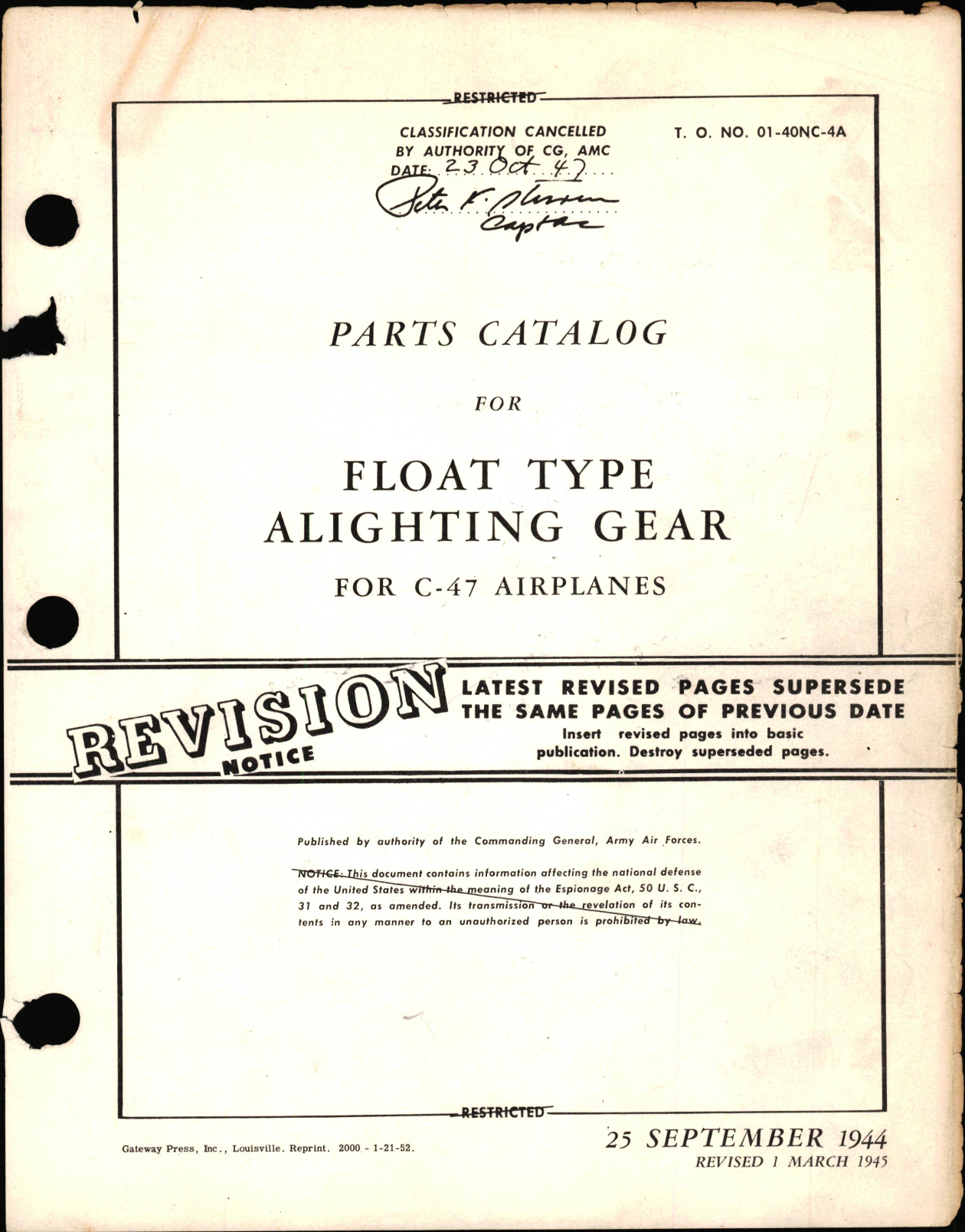 Sample page 1 from AirCorps Library document: Parts Catalog for Float Type Alighting Gear for C-47 Airplanes