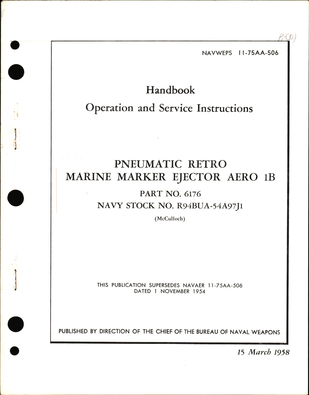 Sample page 1 from AirCorps Library document: Operation & Service Instructions for Pneumatic Retro Marine Marker Ejector Aero 1B Part No. 6176, R94BUA-54A97J1
