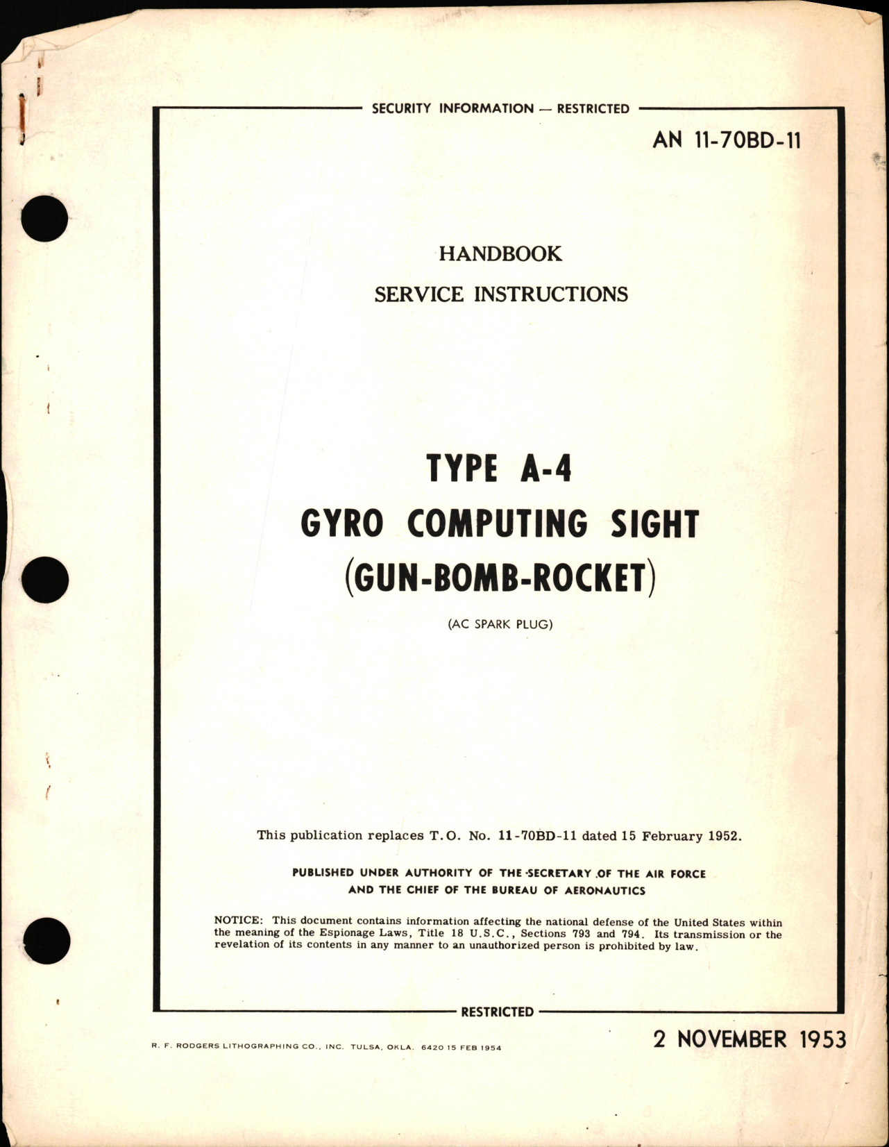 Sample page 1 from AirCorps Library document: Service Instructions for Type A-4 Gyro Computing Sight (Gun, Bomb, Rocket)