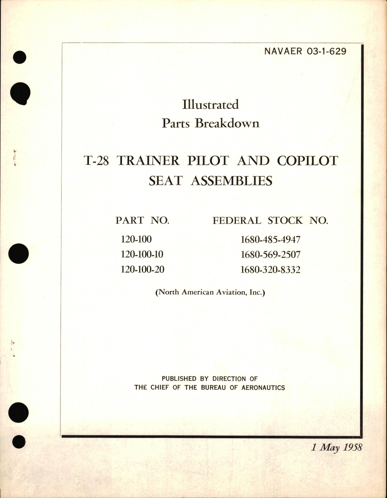 Sample page 1 from AirCorps Library document: Illustrated Parts Breakdown for T-28 Trainer Pilot and Copilot Seat Assemblies