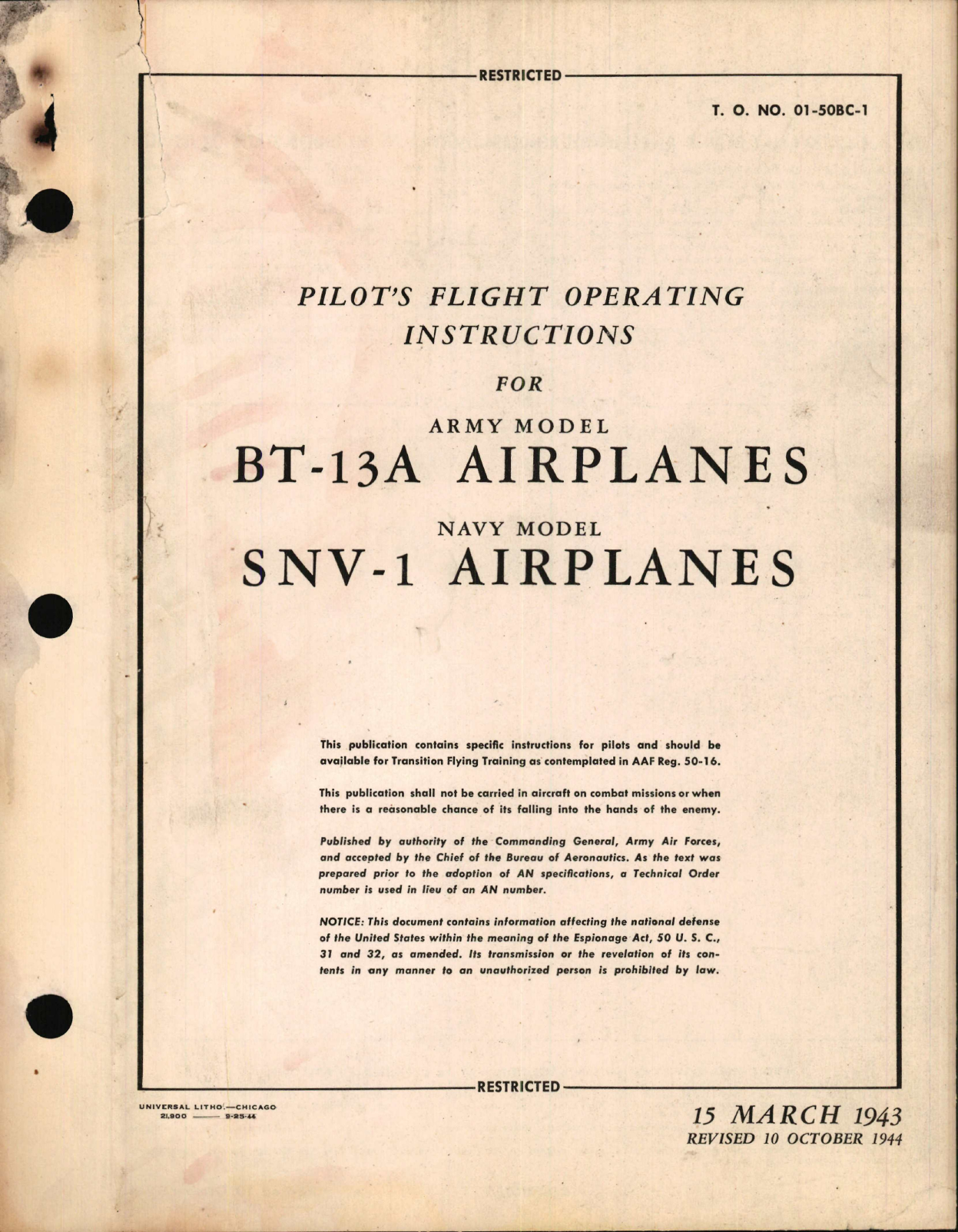 Sample page 1 from AirCorps Library document: Pilot's Flight Operating Instructions for BT-13A and SNV-1