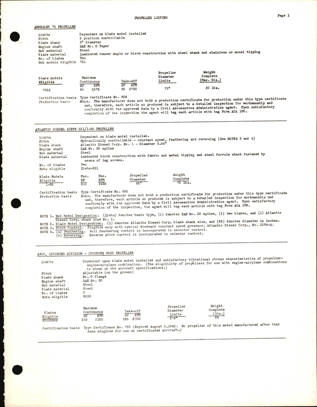 Sample page 5 from AirCorps Library document: Propeller Specifications