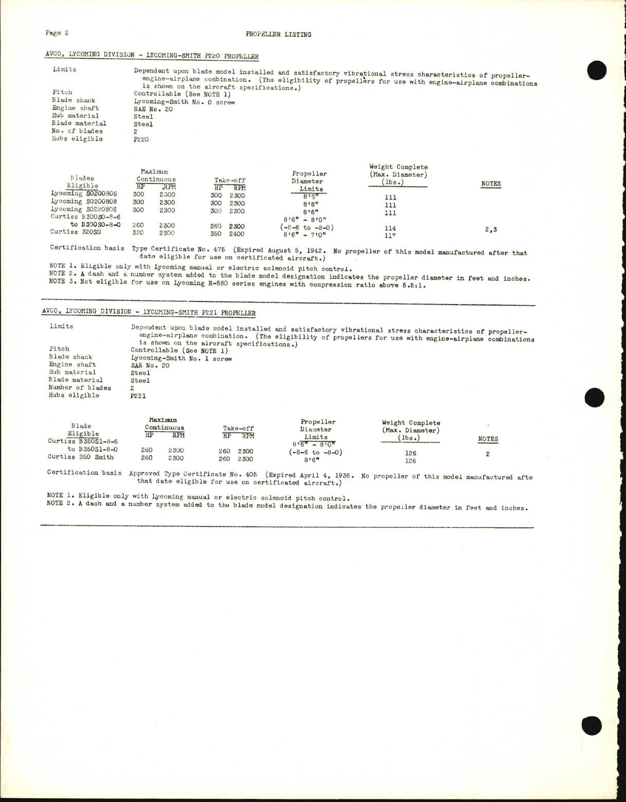 Sample page 6 from AirCorps Library document: Propeller Specifications